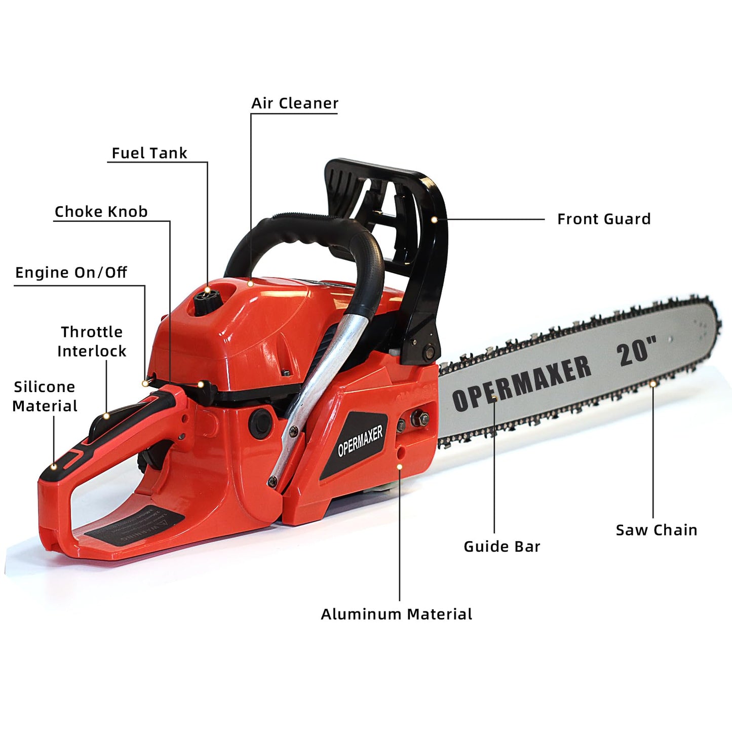OPERMAXER 58CC 20 Inch 2-Cycle Gas Chainsaw, 12500r/min 3.8 HP Gas Power Chainsaws Handheld Cordless Petrol Chain Saw, Protective Design for Wood Cutting Garden Farm Home(Red)
