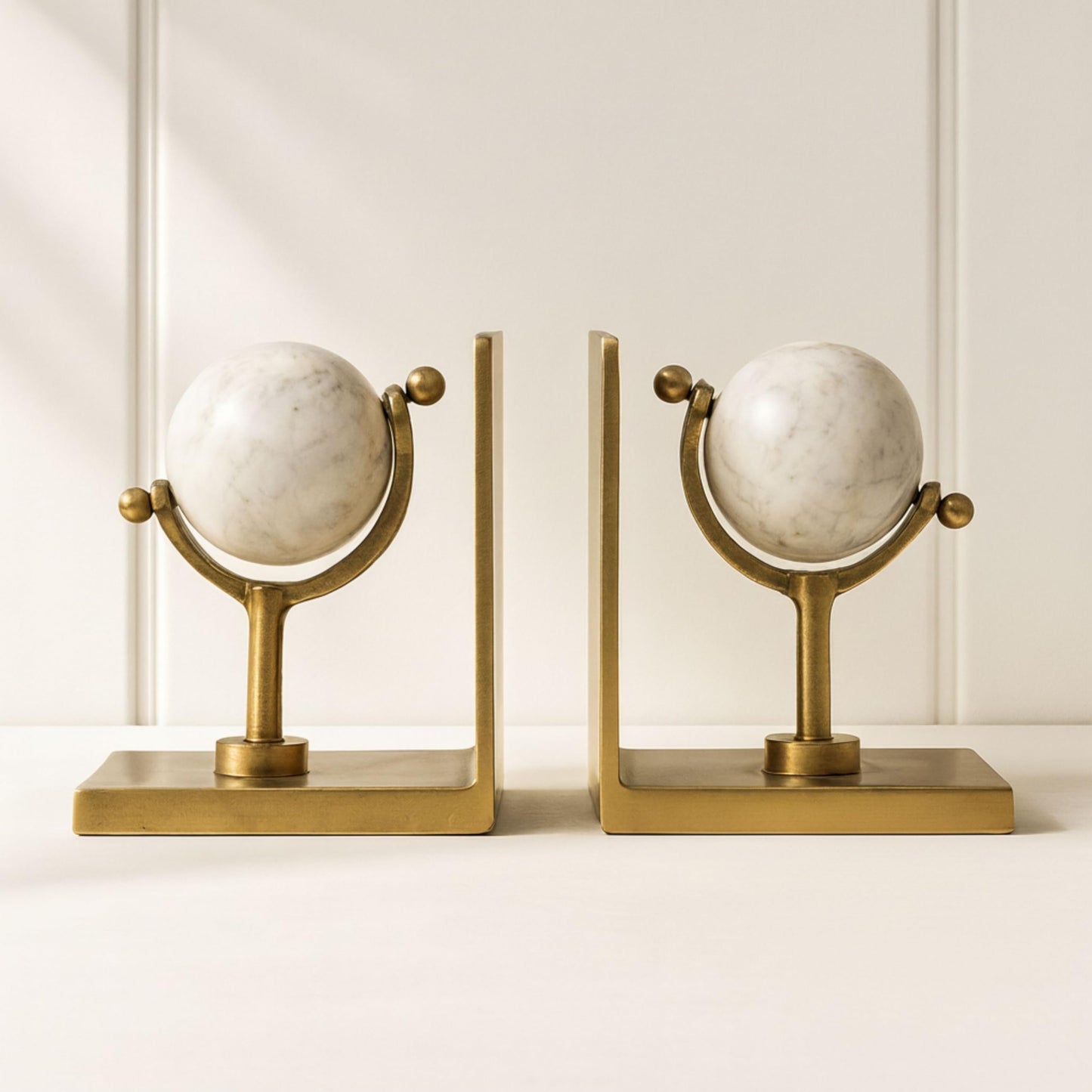 Set of 2 Marble Globe Bookends – Decorative Shelf Decor with Metal Structure and White Marble Base – Modern Home Decor Accent for Bookshelves Desks and Office Styling, 65", Gold & White