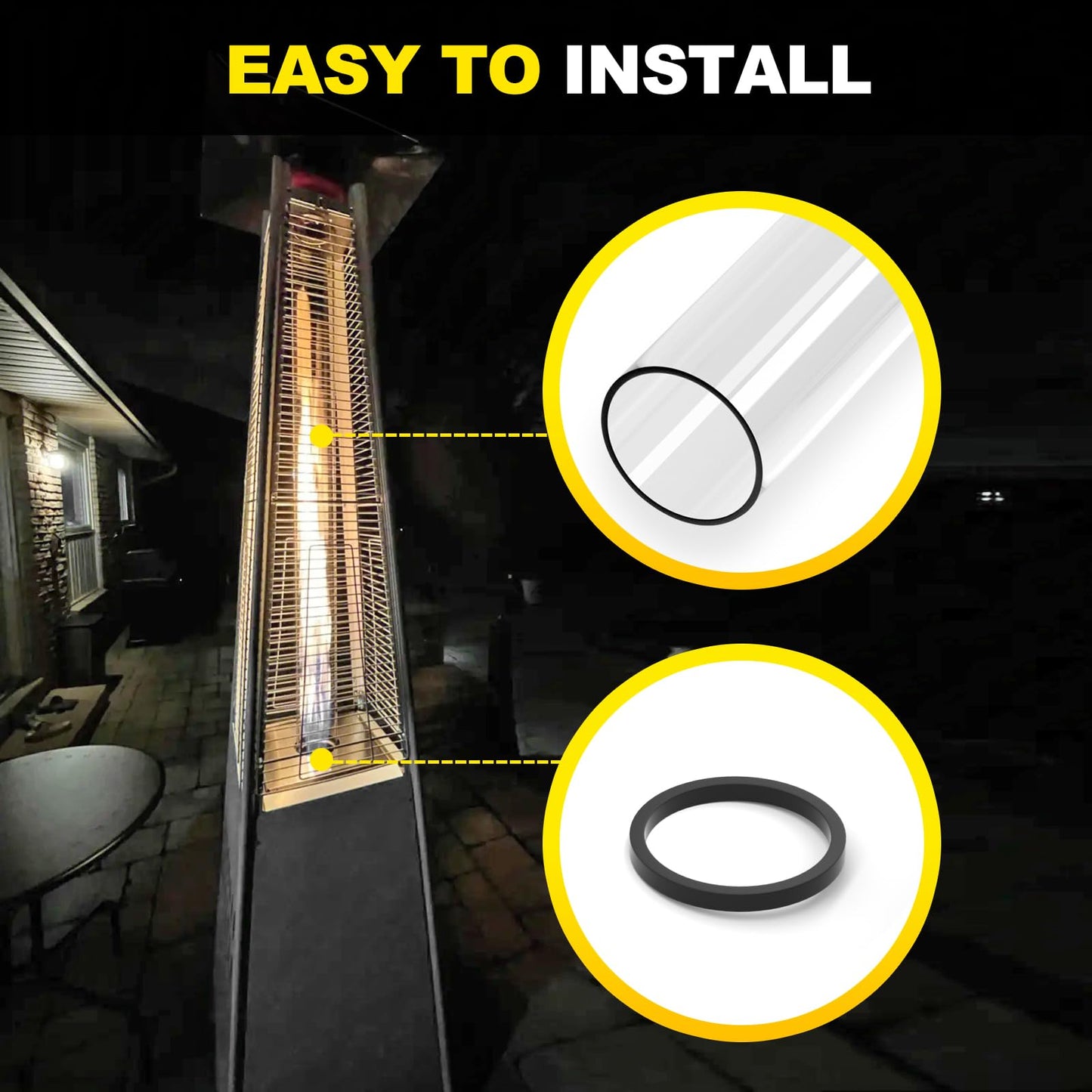 Patio Heater Glass Tube Replacement with Rubber Ring, 49.5″ Tall 4″ Diameter, Quartz Glass Tube Fit Four-Sided Pyramid Flame Outdoor Heaters Compatible with Hiland, Fire Sense