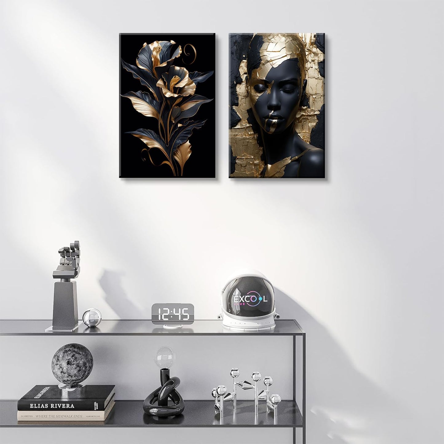 2 Pieces Black Gold African American Women Wall Art African American Wall Decor Gorgeous Woman Portrait Gold Flowers Painting Picture Prints for Bedroom Living Room Hallway Ready to Hang 12x16 Inch