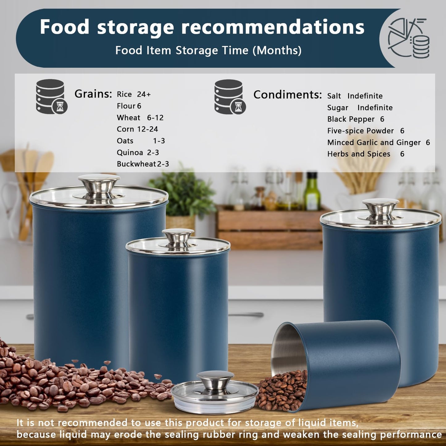 malmo Stainless Steel Food Canister Set of 4-Piece, 16/49/85/132 Ounces,Airtight Containers with Glass Lid for Tea,Coffee,Sugar,Flour,Pantry Kitchen Storage Storeroom Counter (Blue)