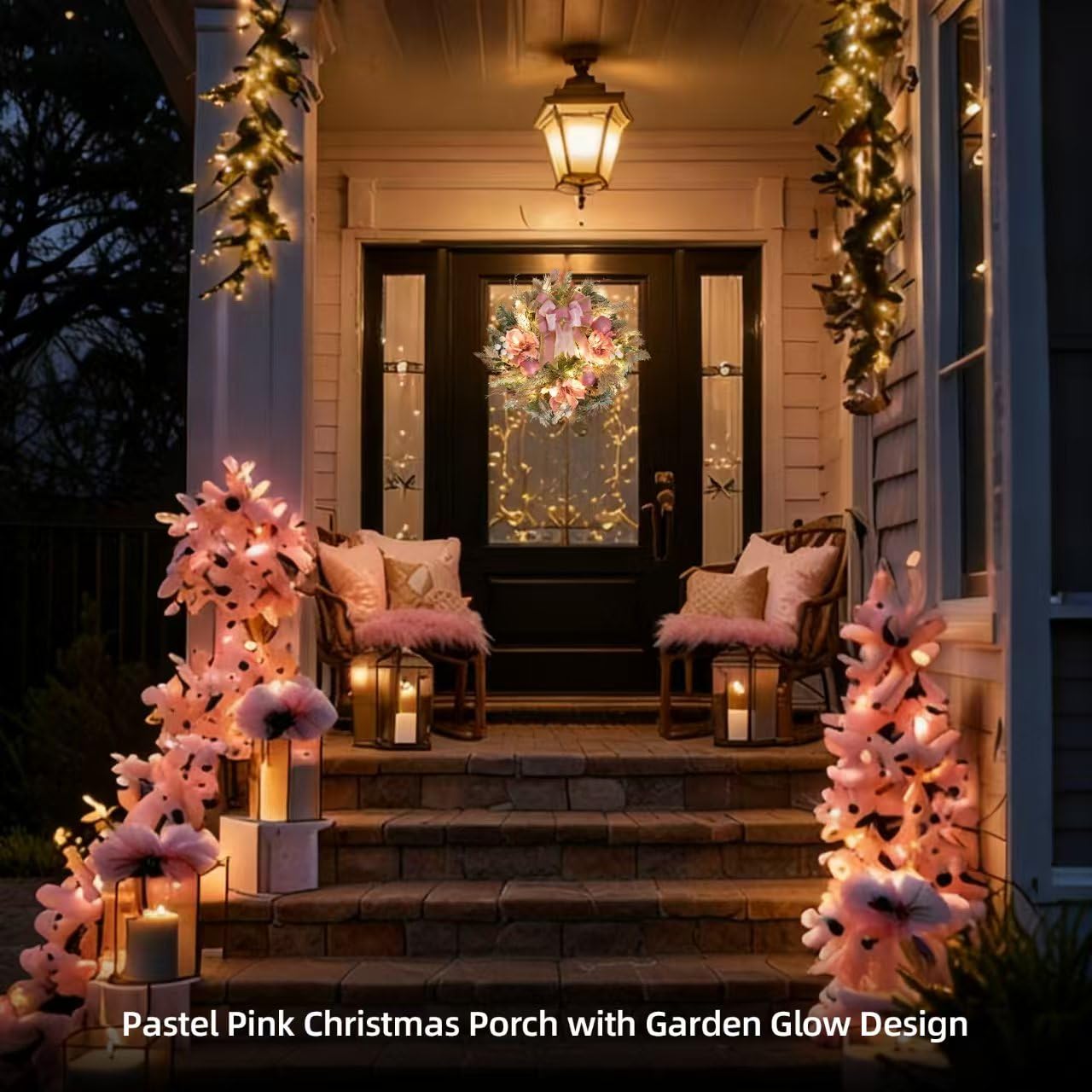 22inch Christmas Pink Wreath for Front Door with 30 LED Lights,Elegant Magnolia Christmas Door Wreath,Festive Holiday Decor, Frosted Winter Pink Decorations for Wedding
