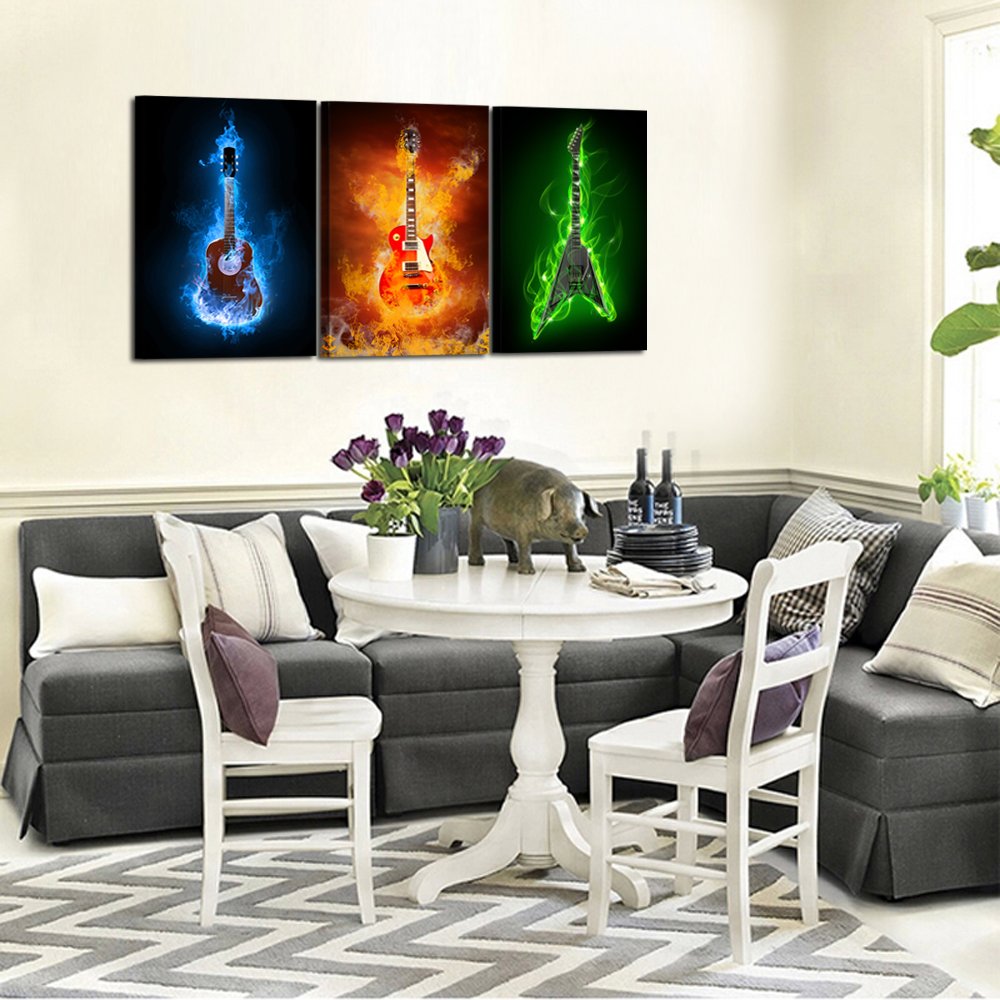 KREATIVE ARTS - 3 Pieces Canvas Prints Fire Burning Eletric Guitar Wall Art Painting Modern Musical Instruments Poster Framed for Living Room Decoration Ready to Hang 16x24inchx3pcs