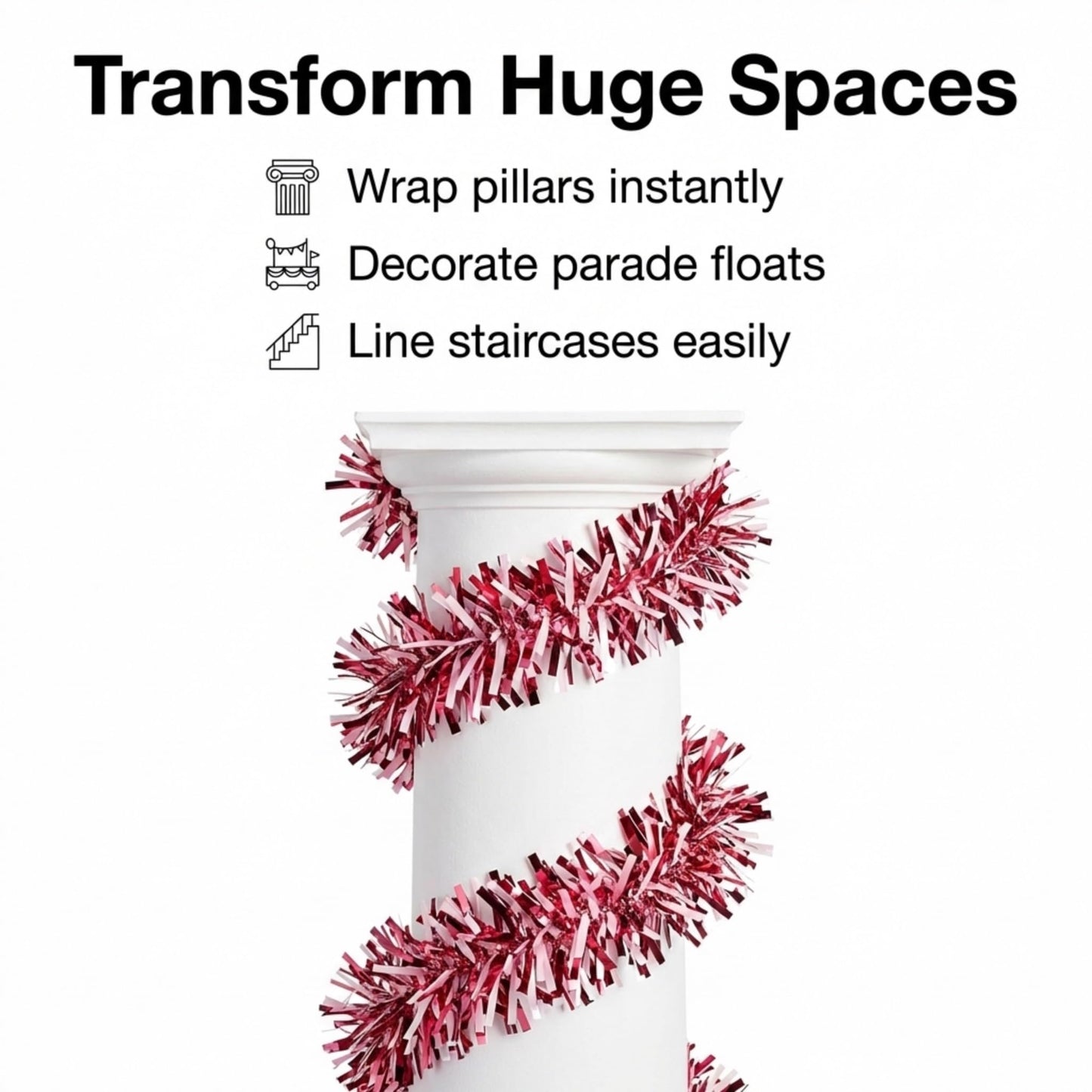 Anderson's Metallic Red, White & Pink Tinsel Twist Garland, 25ft Holiday Decoration, Christmas Tree Trim, Parade Float Decor, Party Supplies, Halloween, Graduation, Indoor/Outdoor Event Garland