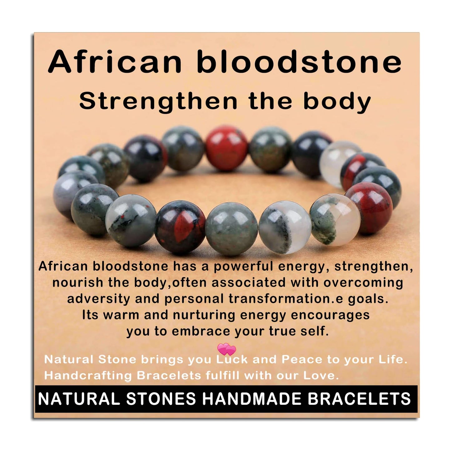 AD Beads Handmade Gemstone Stretch Elastic Bracelet Crystal Healing Reiki Nature's Beauty and Spiritual Essence Unisex (10mm, African Bloodstone (Strengthen the Body))