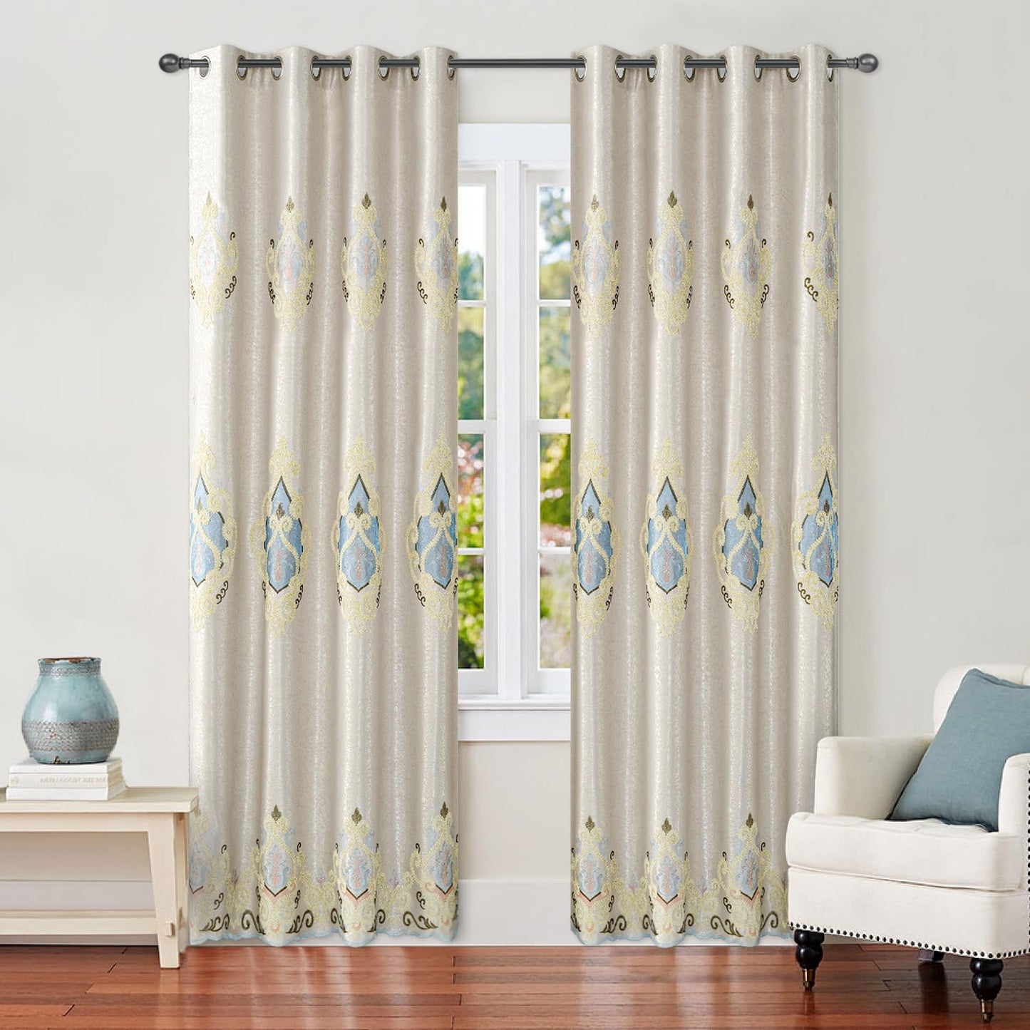 VOGOL Embroidered Curtains 84 inches Long Grommet Window Treatment Voile Panel Drape for Living Room Kitchen, Two Panels, W54 x L84 inch