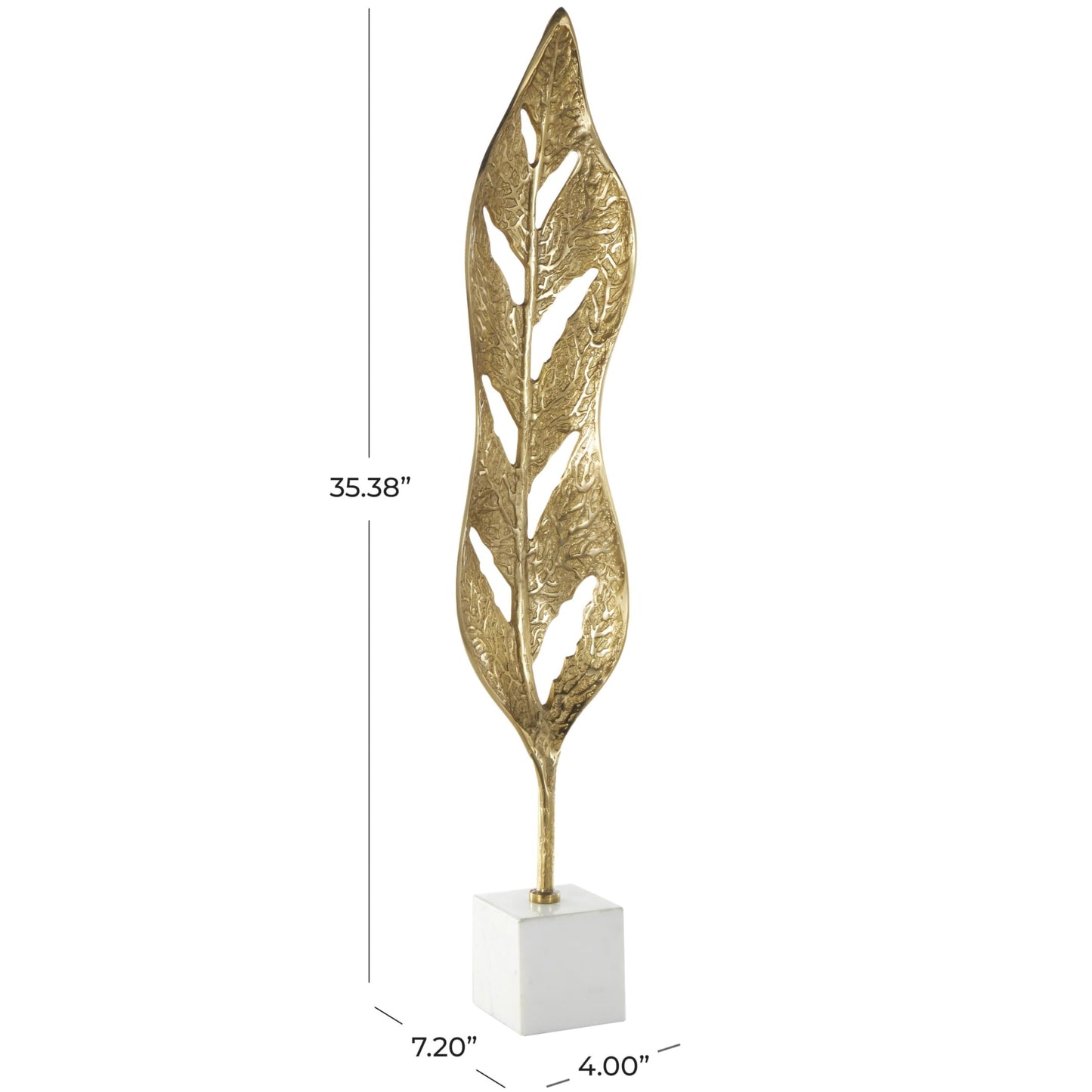Deco 79 Aluminum Metal Leaf Decorative Sculpture Tall Textured Cutout Home Decor Statue with White Marble Base, Accent Figurine 7" x 4" x 35", Gold