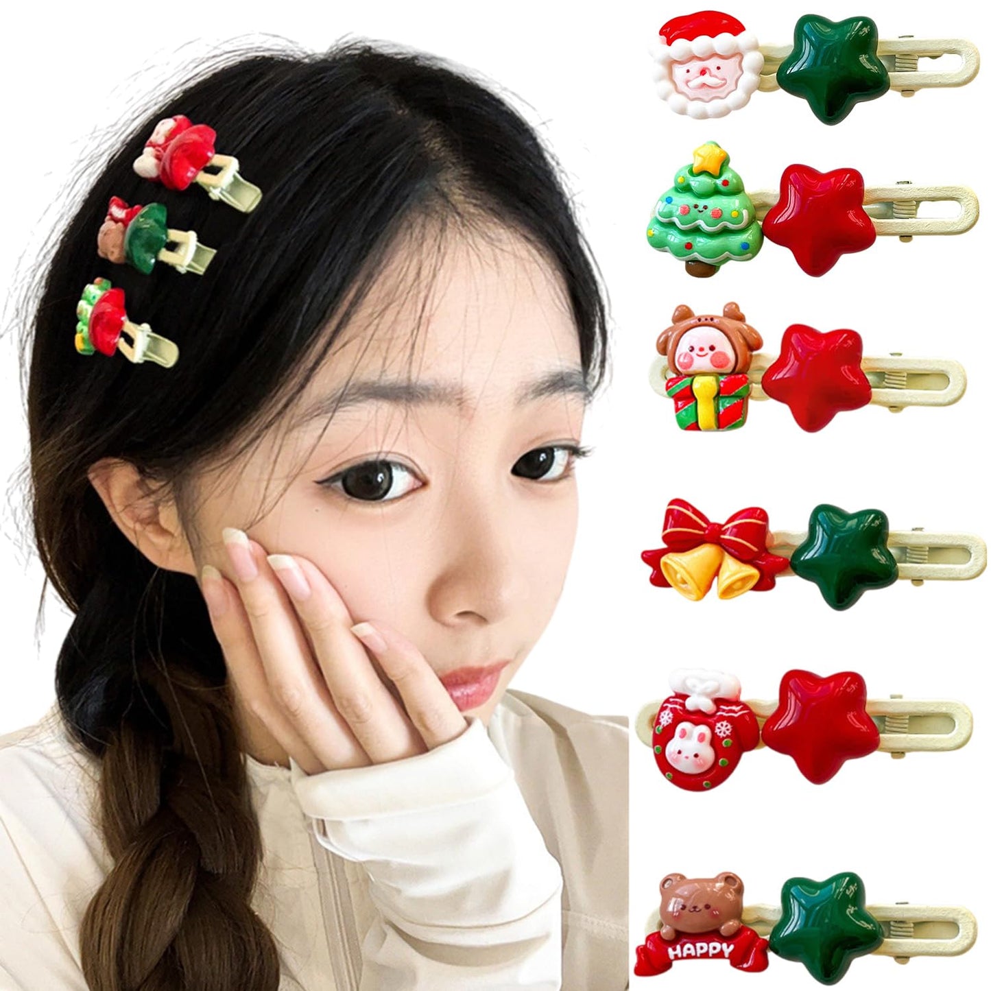 Christmas Hair Clips for Women 6Pcs Cute Hair Barrettes Cartoon Star Santa Claus Bell Gloves Fashion Accessories Xmas Tree Side clip Design Christmas Claw Clips for Women Holiday Party Hairs Decor