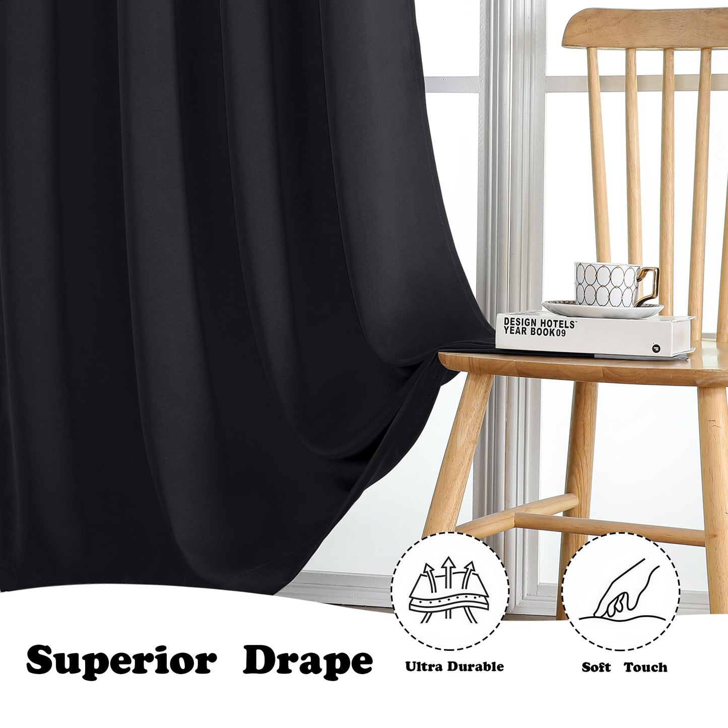 Simplebrand Halloween Black Blackout Curtains for Bedroom 63 Inch Length 2 Panels Set, Grommet Solid Thermal Insulated Black Out Curtains, Room Darkening Energy Saving Window Drapes, W40 x L63