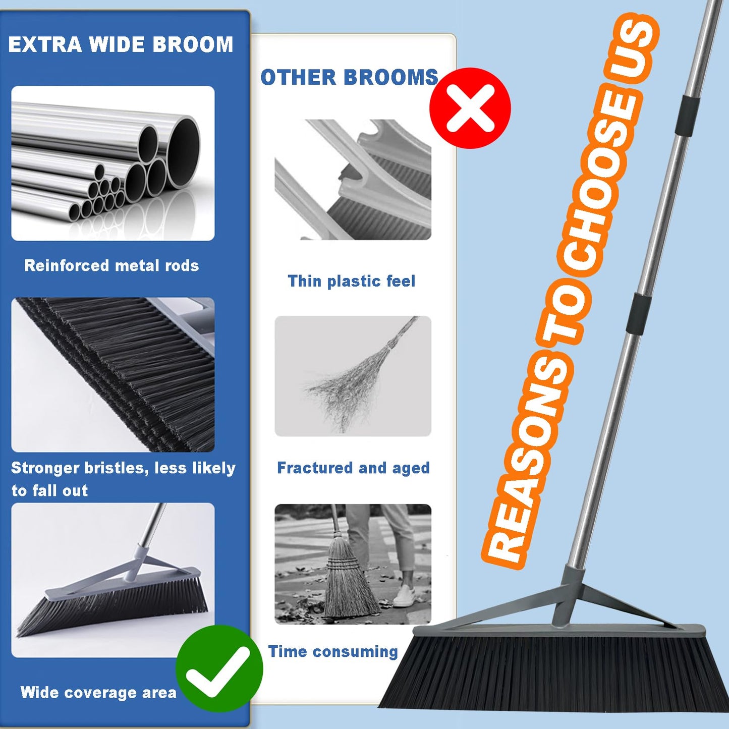 Xifando 17.7inch Wide Large Broom for Sweeping Indoor or Outdoor, Whole Length 57inch Long Handle Heavy Duty Broom with Soft Bristle