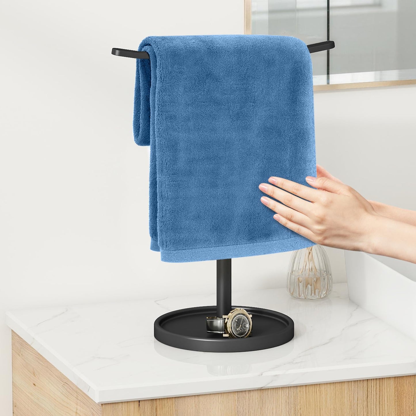 STWWO Hand Towel Holder, Stainless Steel Towel Holder Stand for Bathroom, Kitchen Countertop, T-Shaped Hand Towel Rack Stand, Black