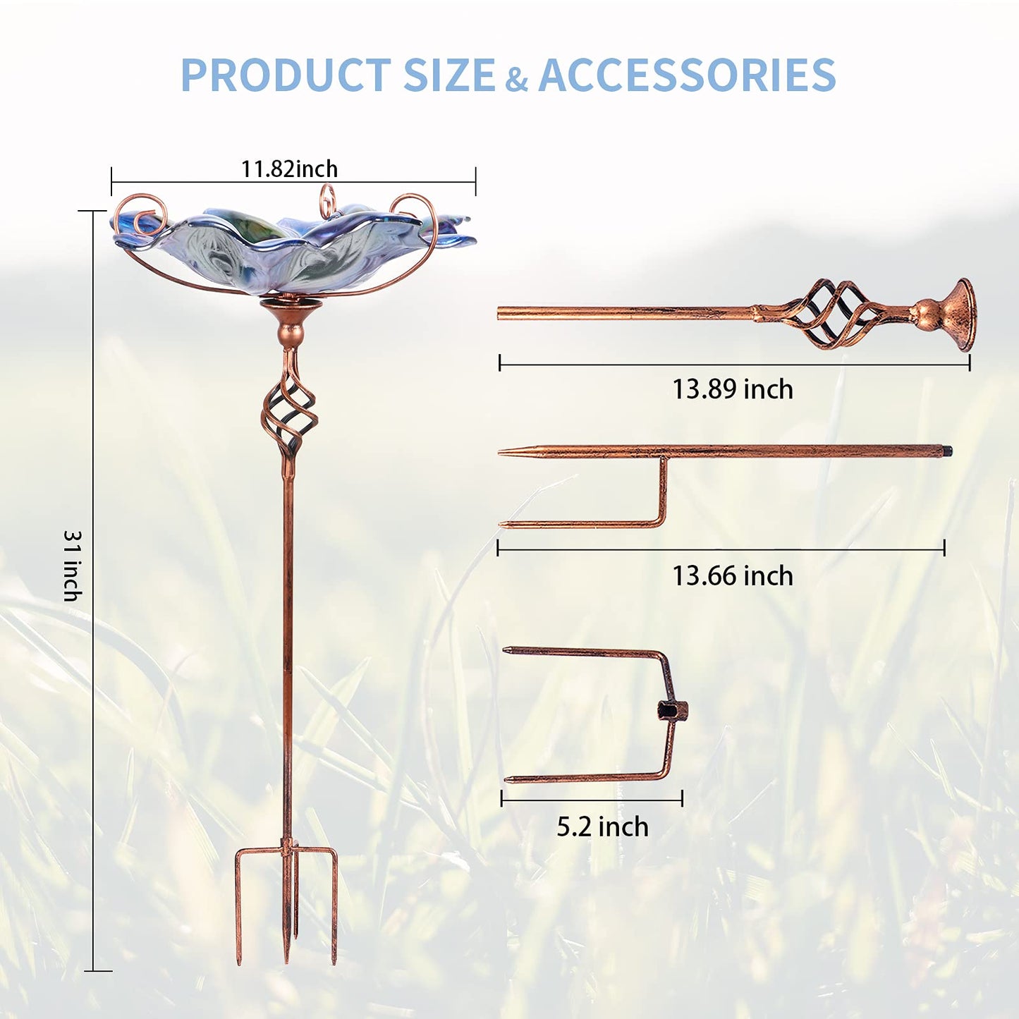 VCUTEKA Glass Bird Bath Outdoor BirdBath Bird Feeder with Metal Stake Garden Decor