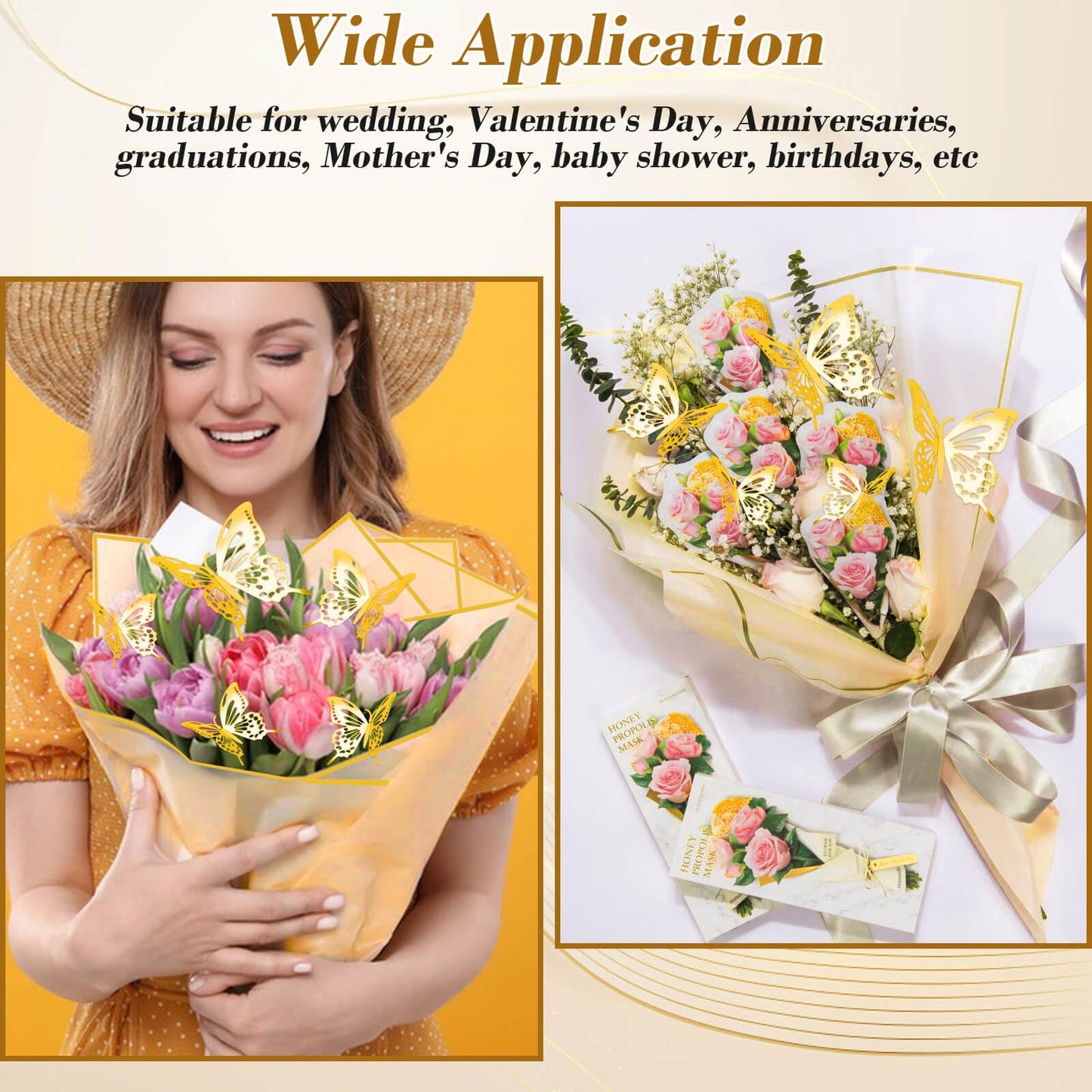 cridoz 20 Sheets Flower Bouquet Wrapping Paper with 12 Pieces Gold Butterfly Decorations for Flower Bouquets, Gift Wrapping(Champagne)