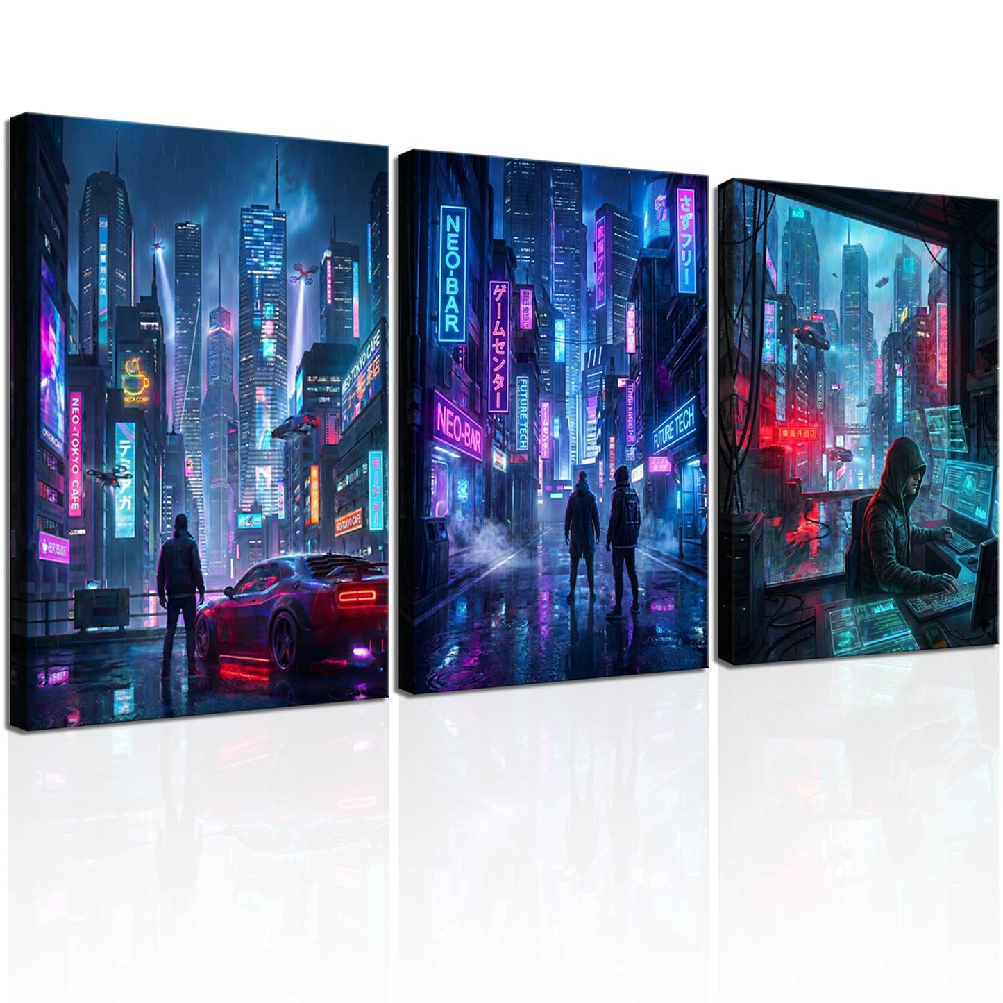 Deergar Cyberpunk Anime Wall Art Canvas Prints 3 Pieces Tokyo Neon Night Cityscape Anime Posters Modern Japanese Street Landscape Painting for Gaming Room Decor, Boys Bedroom, Man Cave