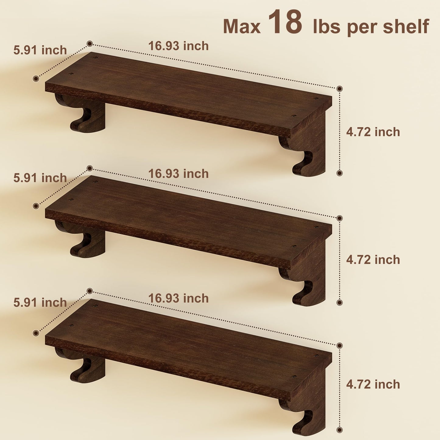 Alsonerbay Wood Floating Shelves for Wall 3 Pack, 17 inch Rustic Wall Shelves with Hook, Decorative Hanging Shelves for Bedroom Living Room Nursery Office and More Light Walnut