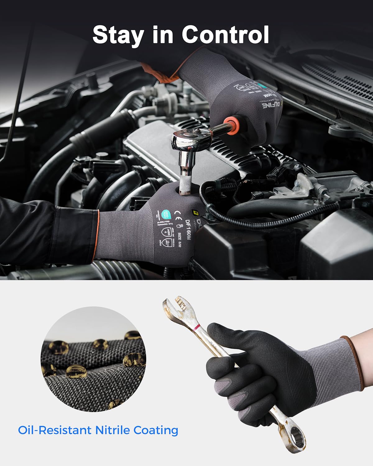 DULFINE Safety Work Gloves MicroFoam Nitrile Coated-12 Pairs Pack,Seamless Knit Nylon Glove with Black Micro-Foam Nitrile Grip,Ideal for General Purpose,Automotive,Home Improvement,Painting(Medium)