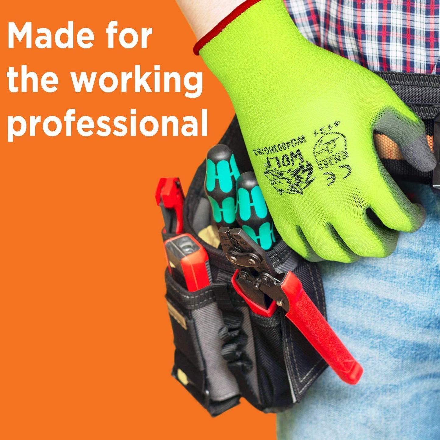 WOLF High-Viz Green Ultra-Thin PU Palm Coated Work Glove, Indoor/Outdoor, Construction, Maintenance, Gardening, Mechanic, Warehouse, Multi-Purpose, Flexible Grip, Small (Pack of 12)