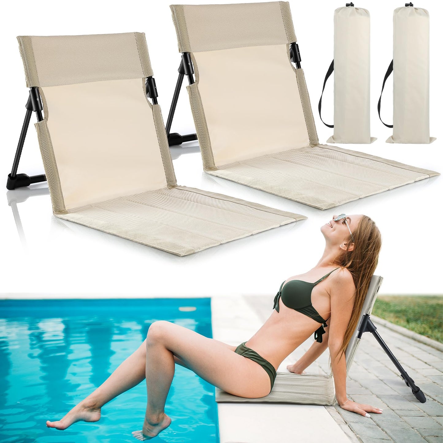 Karenhi 2 Pcs Foldable Poolside Chairs Portable Beach Chair Folding Poolside Chairs for Edge of Pool for Adults Traveling Camping Picnic Lawn Accessories (Light Beige)