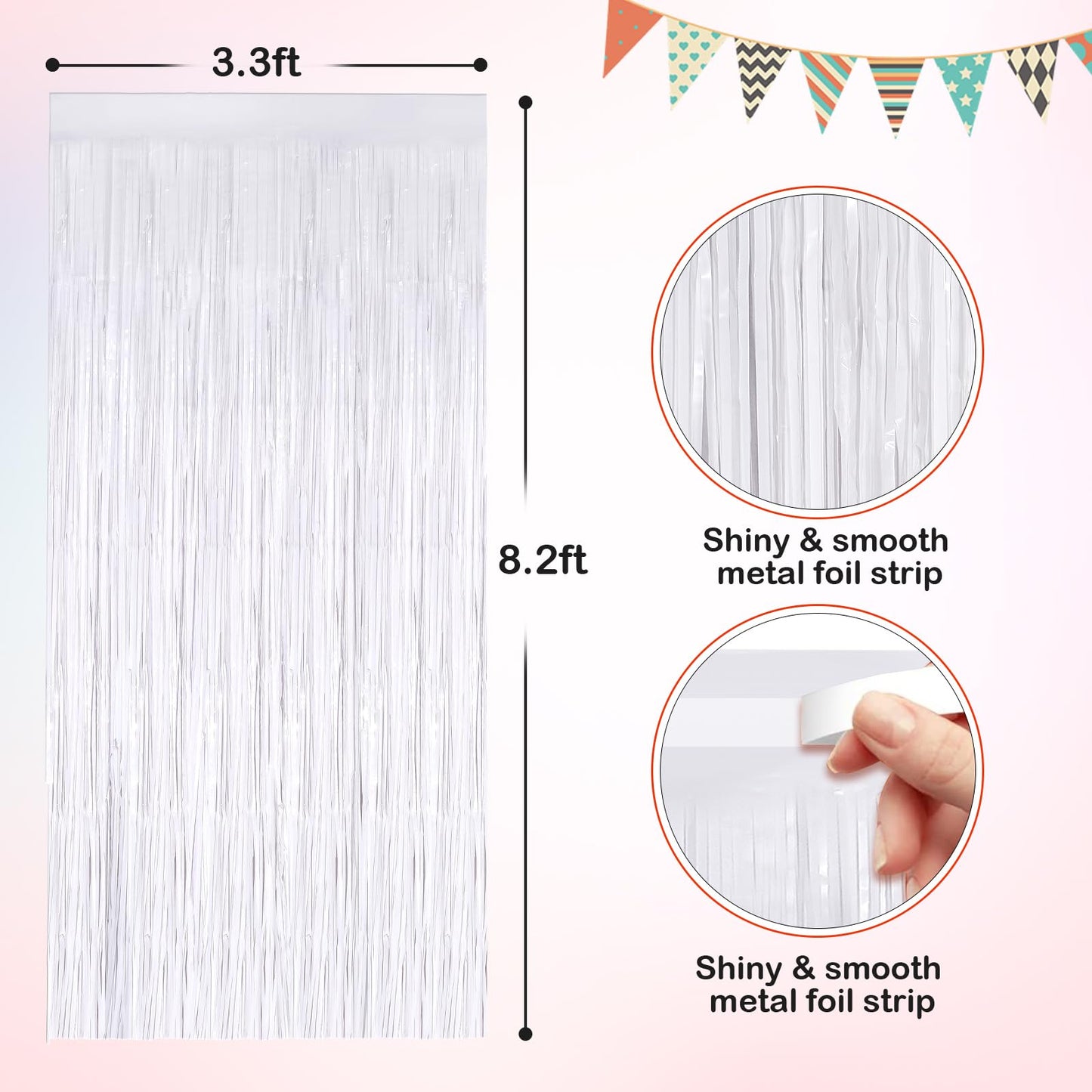 White Metallic Tinsel Foil Fringe Curtains, 2 Pack 3.3x8.3 Feet Streamer Backdrop for Birthday Wedding Christmas Easter, New Year’s Eve Decor, White Tinsel Backdrop for Valentines Day Decorations