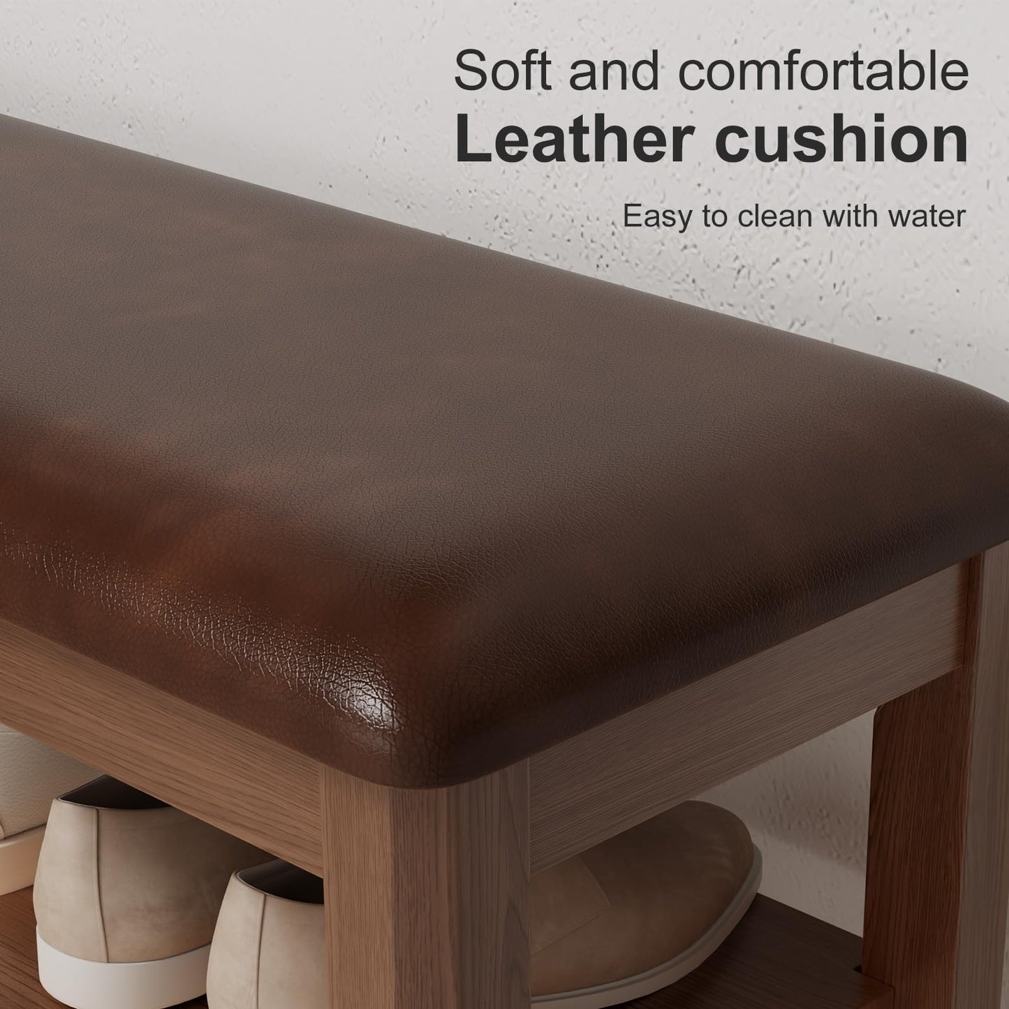 AQIMUELE Shoe Bench with Leather Cushion, 3 Tiers Shoe Storage Bench Height Adjustable, Walnut Wood Entryway Bench for Hallway, Mudroom