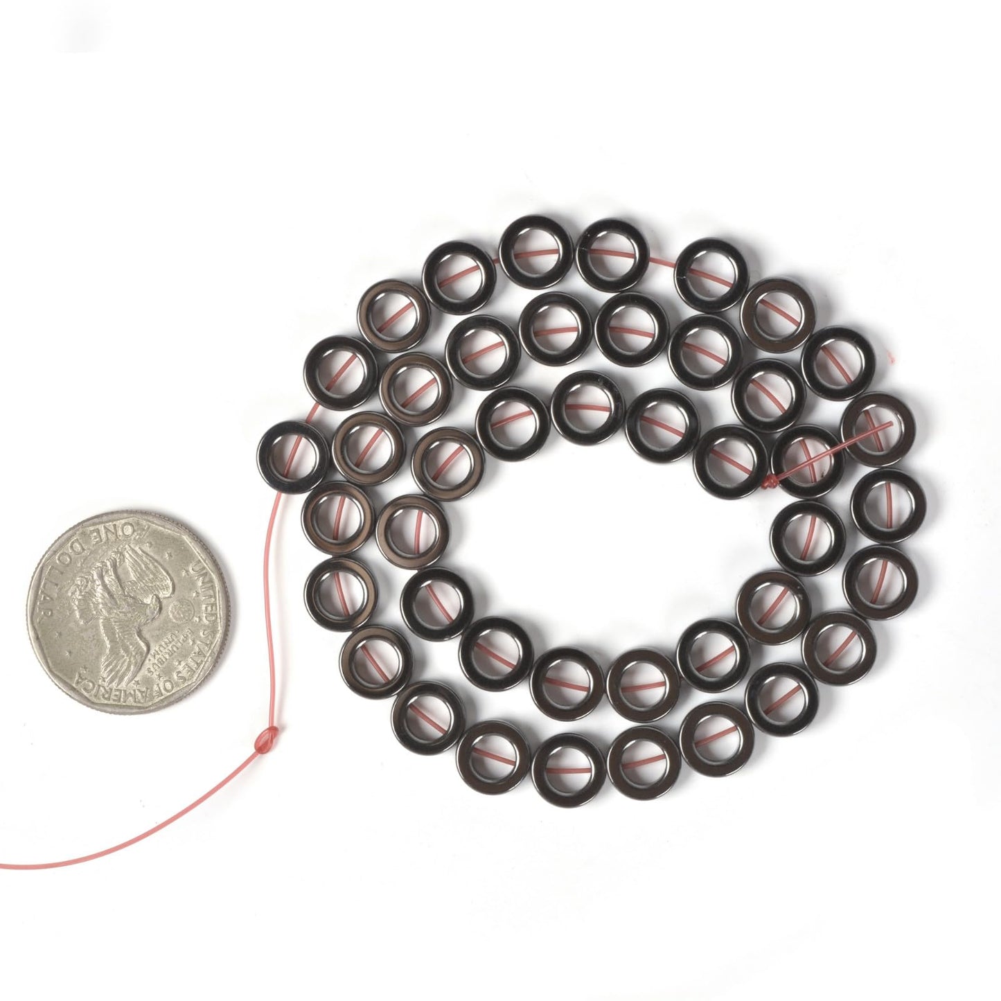 Natural 10mm Hematite Hollow Circle Flat Round Ring Shape Donut Beads Strand 16 Inch for Jewelry Making