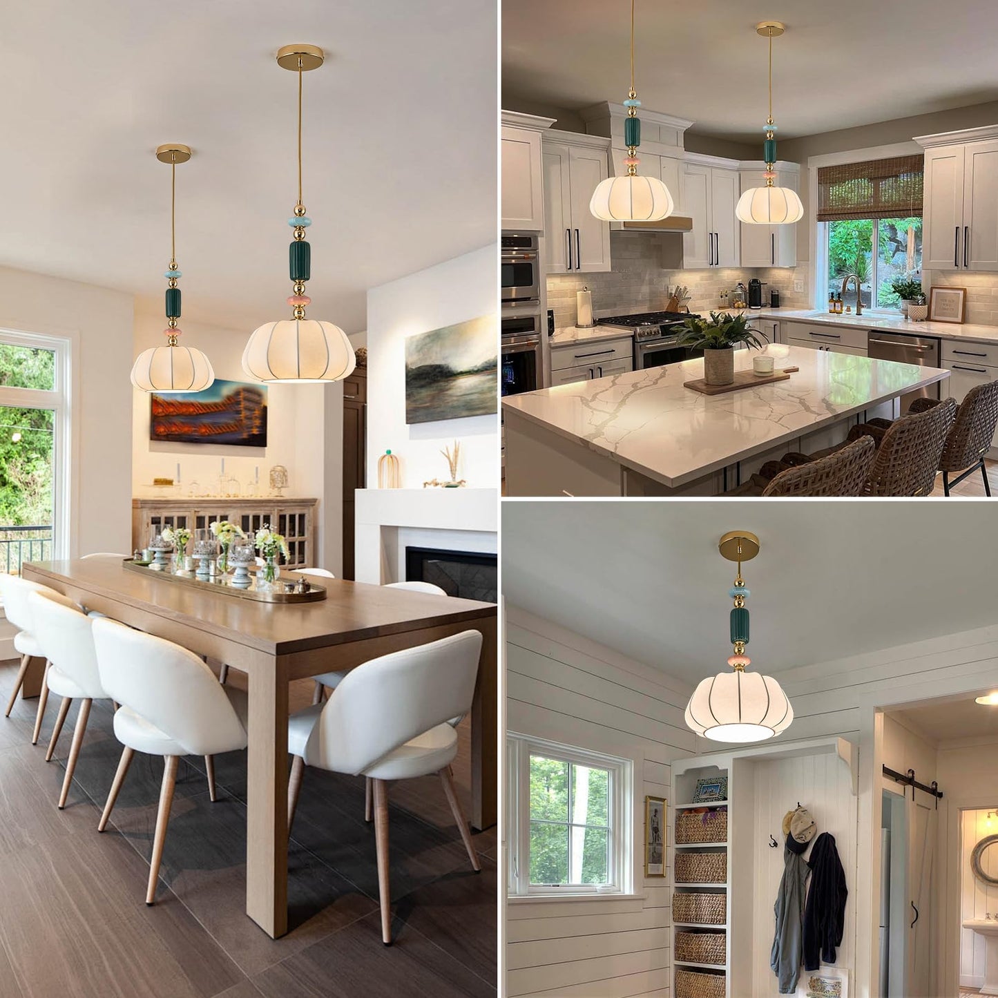 FALINNEAD Imitated Silk White Shade Pendant Light Fixture 11 inch Modern Pendant Lighting Kitchen Hanging Lamp for Dining Room Bedroom Storeroom