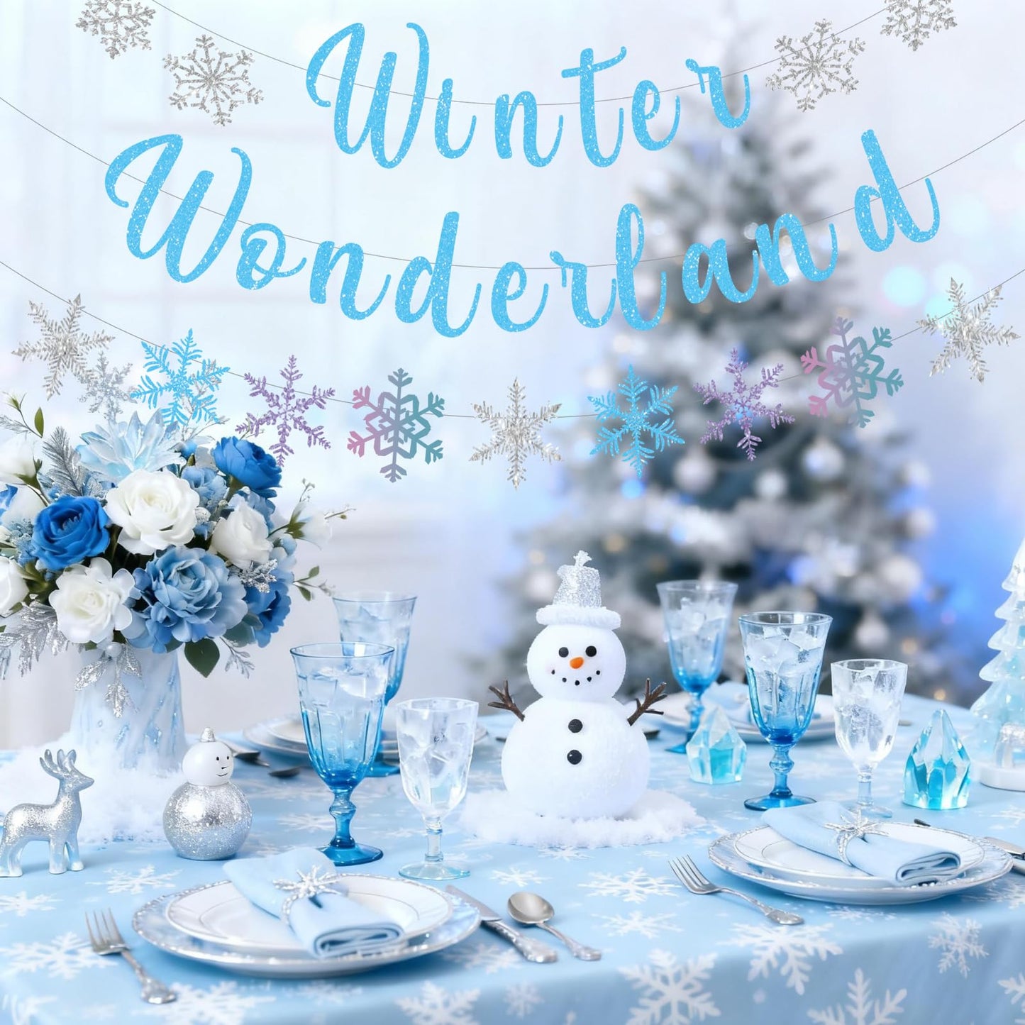 Pre-Strung Winter Wonderland Banner Glitter Snowflake Garland Christmas Decoration Banner for Home Wall Mantle Decor Winter Holiday New Year Party Supplies (Blue)