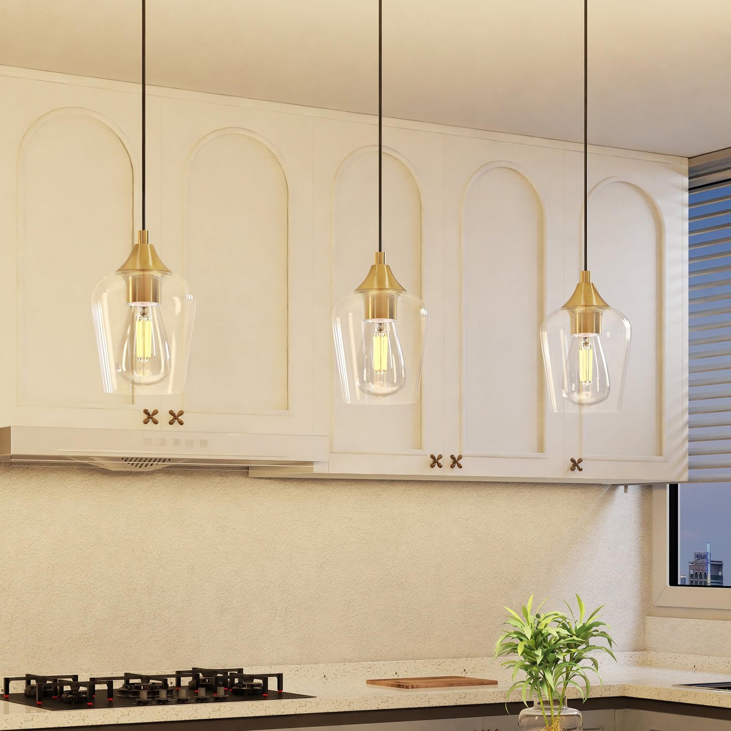 VONLUCE Pendant Light Kitchen Island, Brushed Gold Pendant Light Fixture with E26 Base & Adjustable Cable, Modern Pendant Lighting with Glass Shade for Living Room Bedroom Hallway