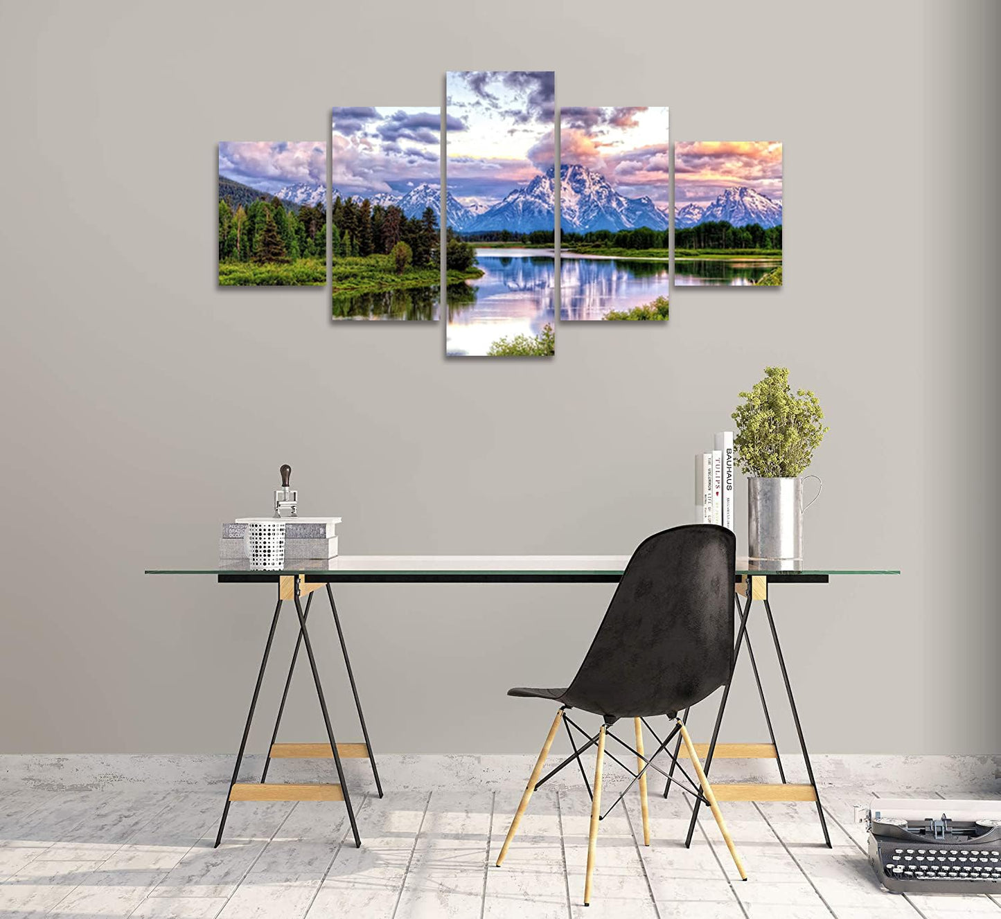 SKASNFAI 5 Pieces Mountain Grand Teton Canvas Paintings Nature Scenery Pictures Posters American National Park Landscape Wall Art Framed Decor Ready to Hang (60Wx32H)