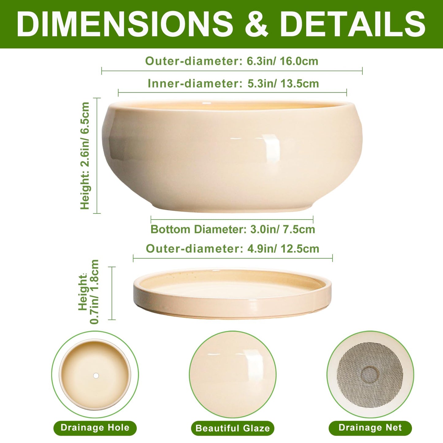 EPFamily Small Bonsai Pots - 6 Inch Ceramic Succulent Planters for Indoor Plant Outdoor, Shallow Planter with Drainage Hole and Saucer, Round Succulent Pots, Kitchen Decor, Gifts for Women Men, Beige