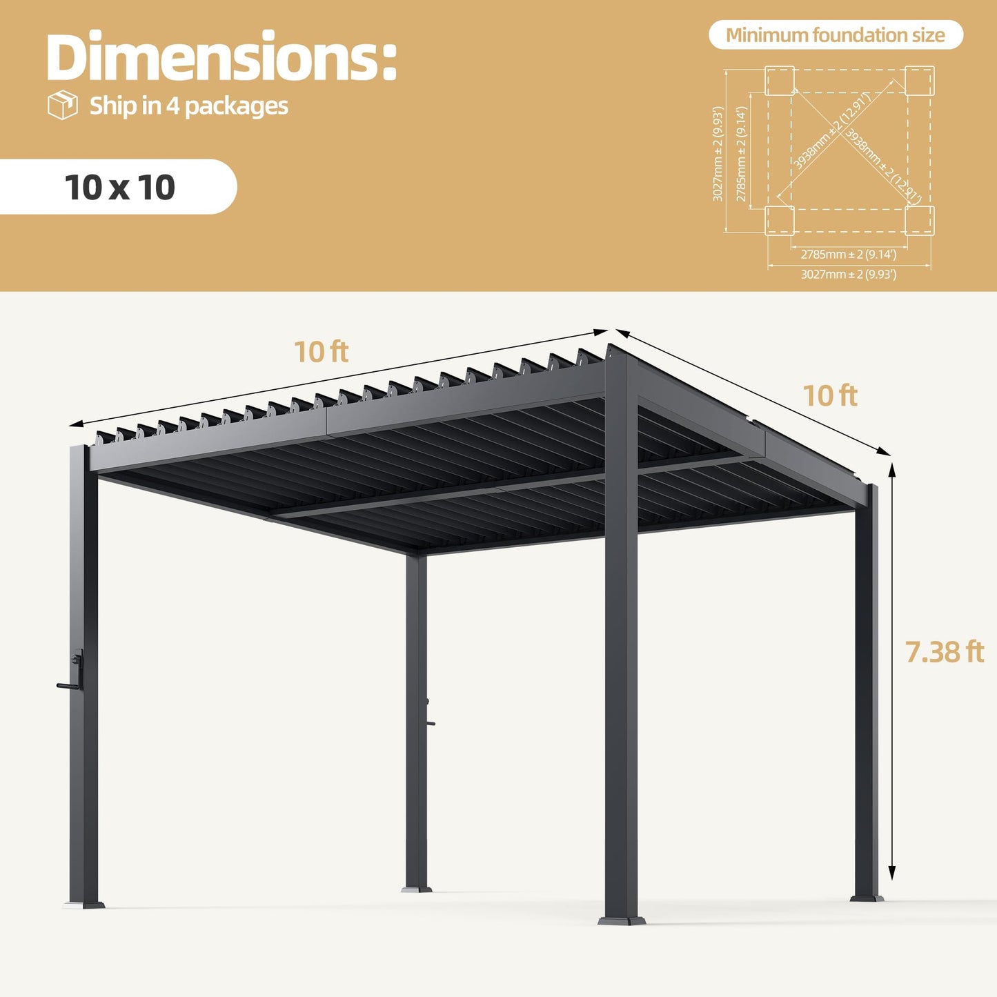10' x 10' Outdoor Aluminum Louvered Pergola with Adjustable Roof, Upgraded Side Short-Rod Control, Easy Assembly, Modern Hardtop Gazebo for Patio, Deck, Backyard, Garden