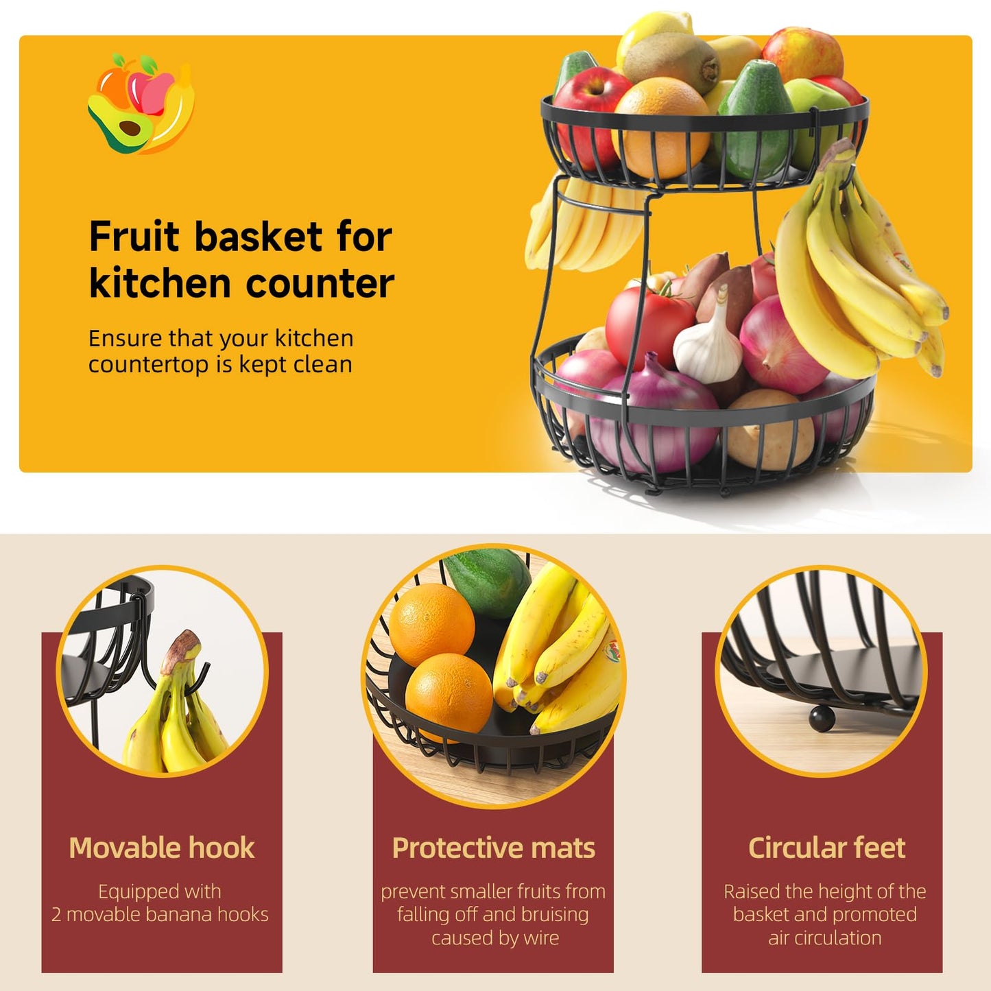 Sevenblue 2 Tier Large Fruit Basket for Kitchen Counter with 2 Banana Hangers, Metal Stackable Fruit Bowl for Kitchen Counter for Bread Vegetable Fruits, Black