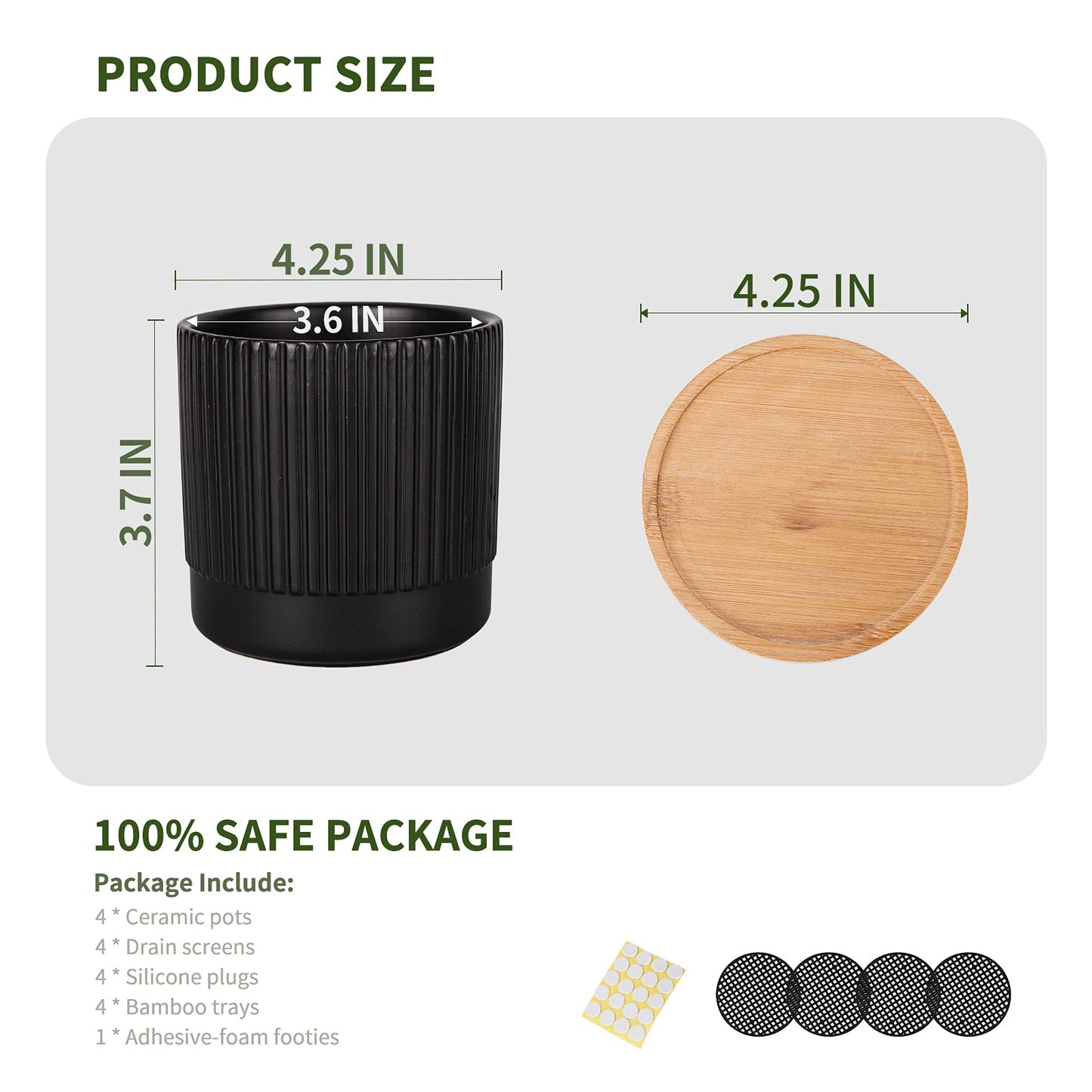 AOMRYOM 4.25 Inch Small Garden Ceramic Plant Pots with Drainage Holes and Tray, Modern Flower Planter Pots for Indoor Plants, Succulent, Cactus and Herbs, Black Stripe, Set of 4 (Plant Not Included)
