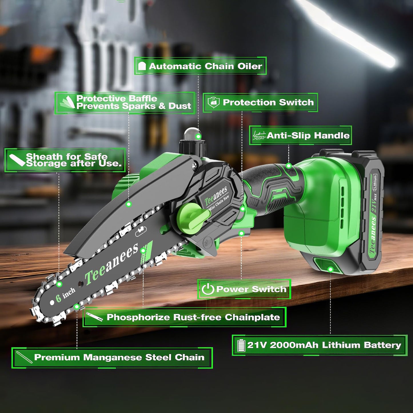 TEEANEES Mini Chainsaw Cordless, 6-Inch Small Electric Chainsaw with 21V Battery & 3 Chains, Hand Held Chain Saw Battery Powered for Wood Cutting & Tree Trimming, Ideal Gardening Gift for Men Dad.