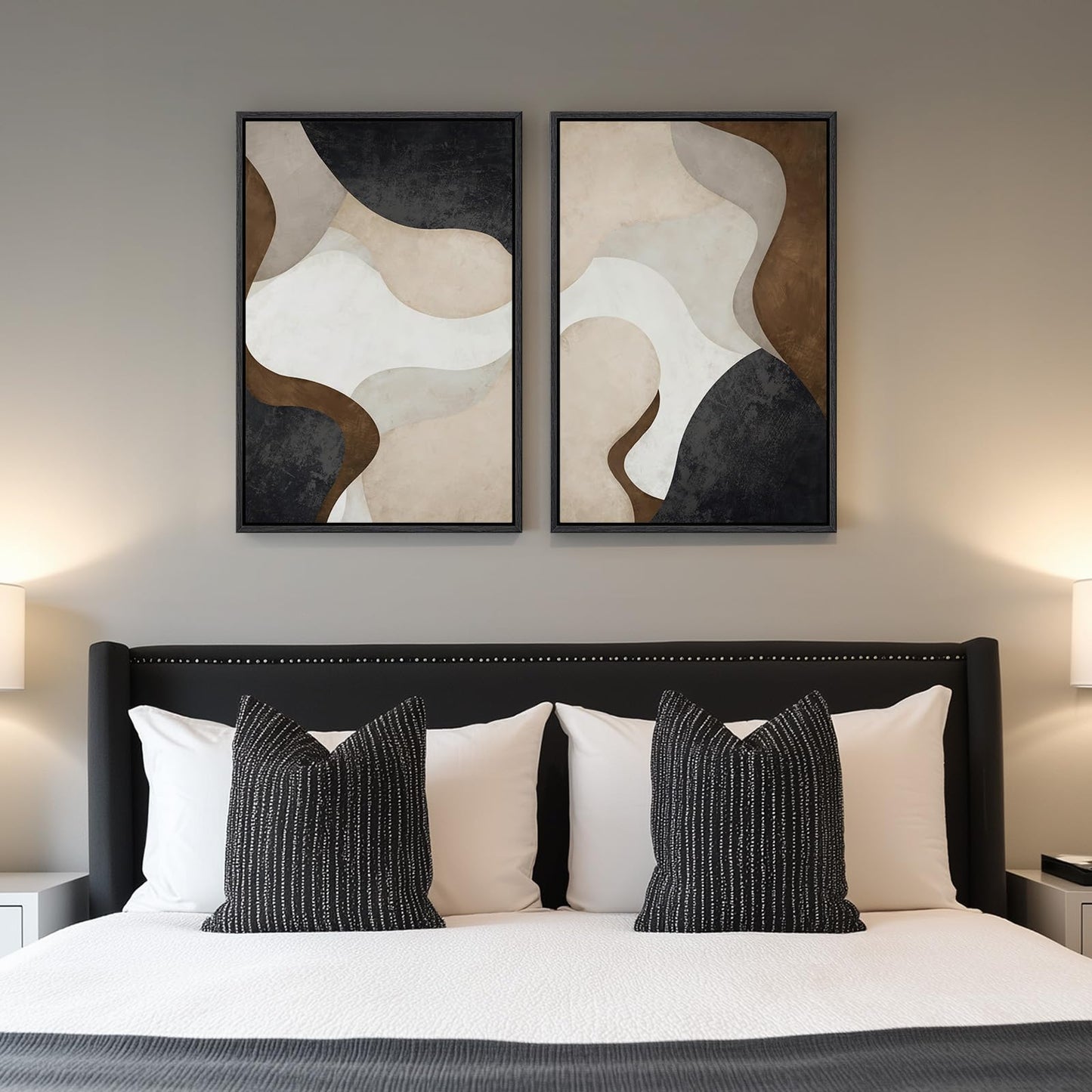 Framed Neutral Abstract Minimalist Wall Art Set of 2, Modern Canvas Prints Paintings Artwork for Walls, Black Beige Brown Abstract Art Pictures for Bedroom Living Room Dining Room Wall Decor 16x24 In
