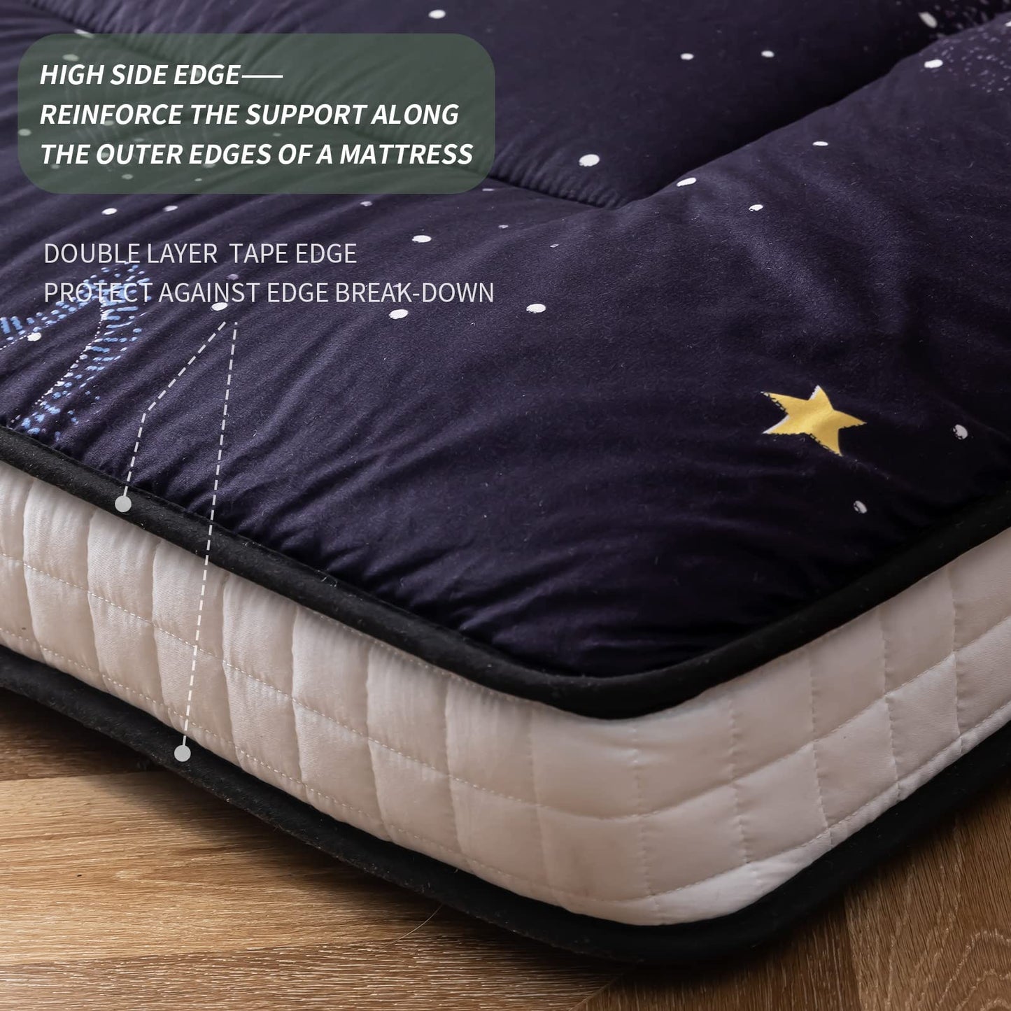 MAXYOYO Black Moon and Star Futon Mattress, Japanese Floor Mattress Quilted Mattress Topper, Extra Thick Folding Sleeping Pad Breathable Floor Lounger Guest Couch for Camping, King