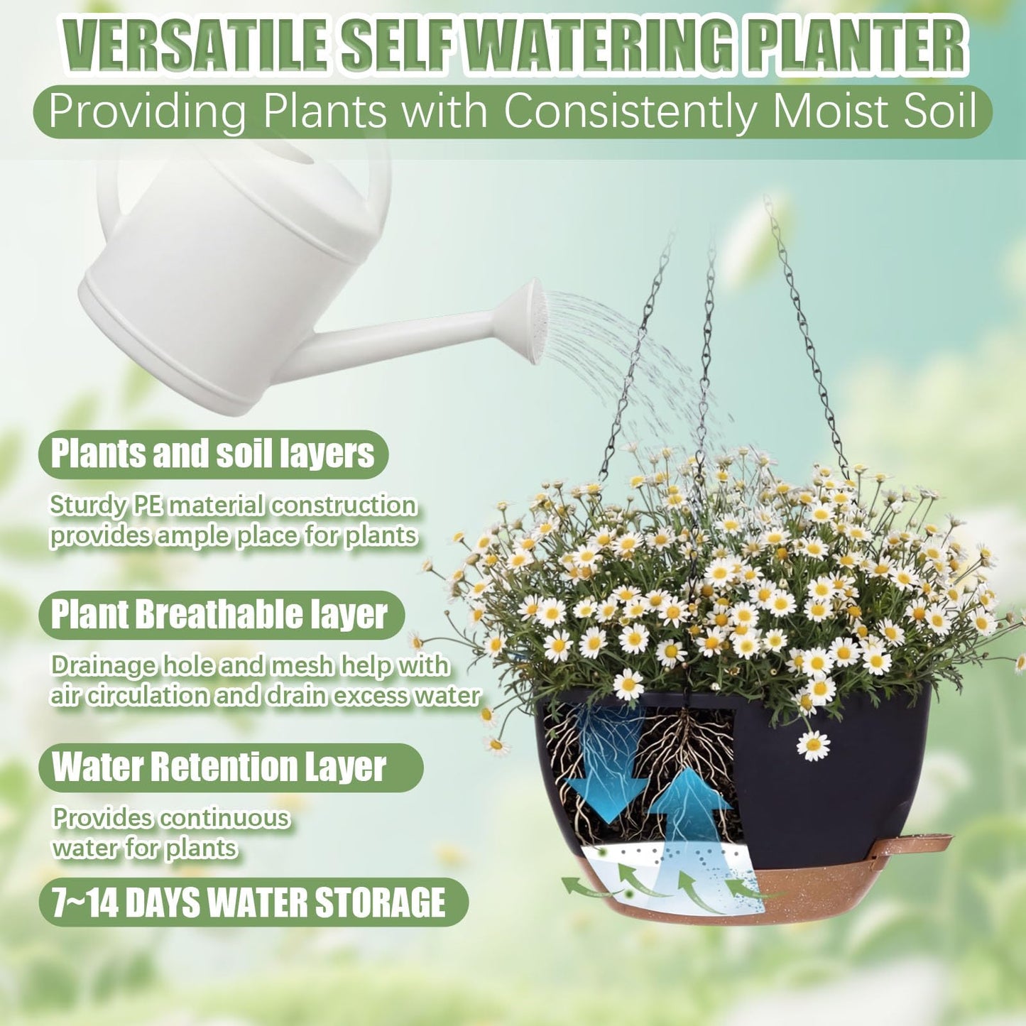 Sliner Set of 4-10 Inch Self Watering Hanging Planters Includes Hanging Pots and Outdoor Hanger Plant Pots with Drainage Holes 2 Types of Hanger Basket Hooks for Patio Garden(Black Brown)