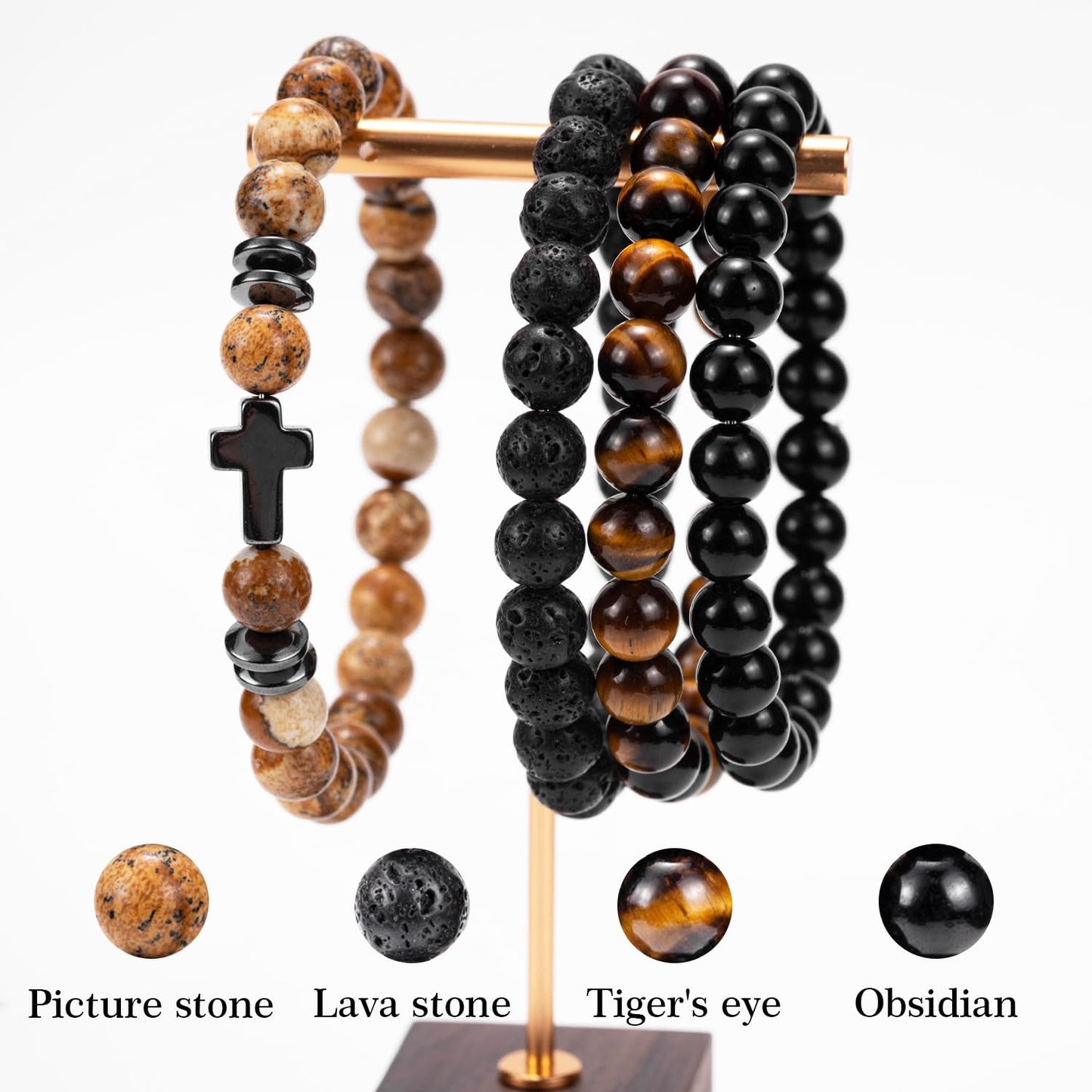 Crystery Men Beaded Bracelets, 8mm Natural Stone Bracelet, Healing Crystal, Jewelry Gifts for men, Triple Protection, Picture Stone, Tiger Eye, Black Obsidian Beads Bracelets, Lava Rock, Pack of 4