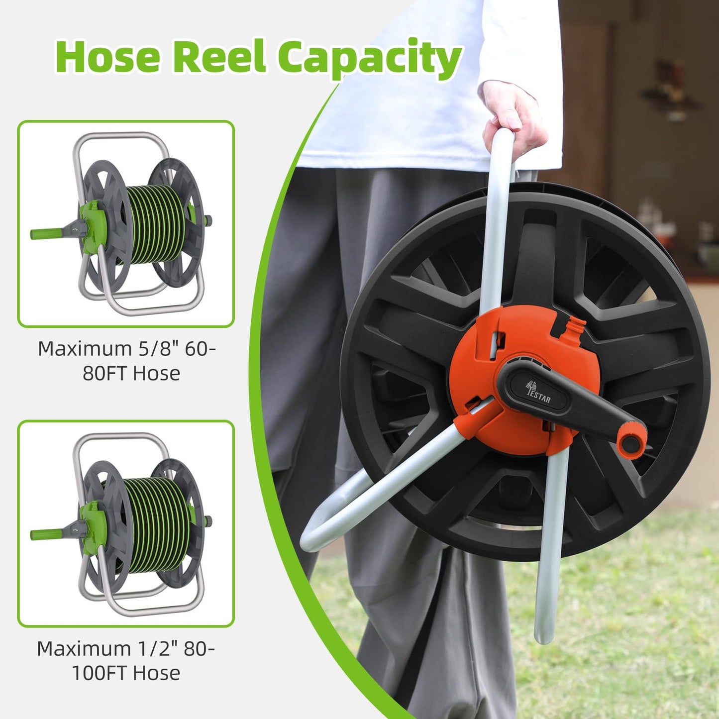 YESTAR Water Hose Reel Cart, Holds 60-80 Ft of 5/8 Inch Hose, Orange Wall Mounted Garden Hose Cart, Portable Hose Reel for Convenient Storage and Watering