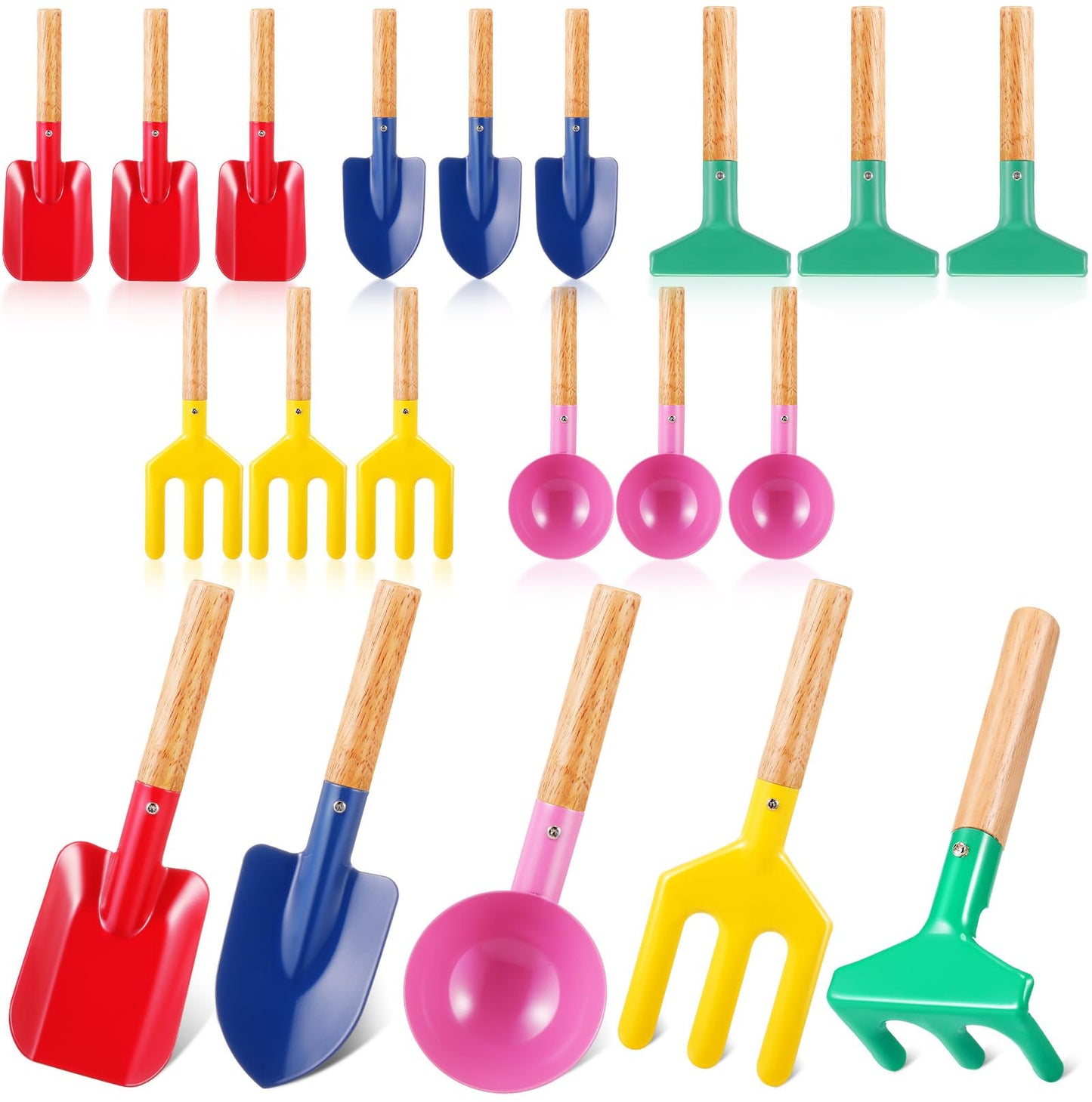 Motionchic 15 Pcs Children Beach Sand Toys Kids Gardening Tools Set Metal Including Shovel, Rake, Fork and Trowel, Summer Beach Sandbox Digging Toys with Wooden Handle Hoe for Kid Outdoor Gift