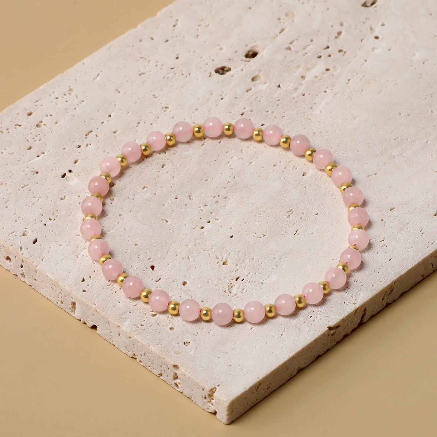 QOGIR Rose Quartz - Love Connection - 14K Gold Plated Beads Natural Gemstone Stretch Elastic Dainty Healing Beaded Bracelets Gifts 4mm