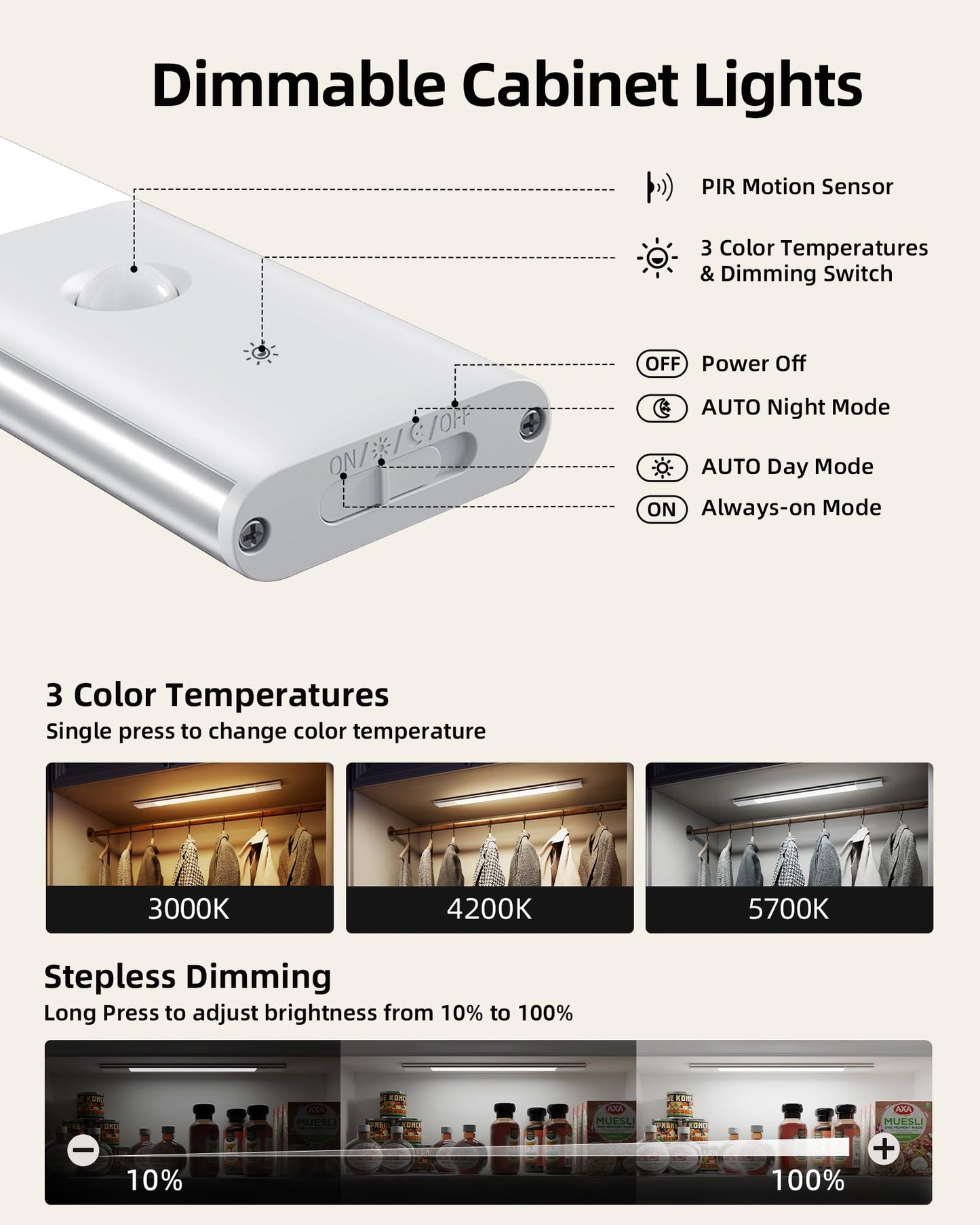 EZVALO Under Cabinet Lighting, 2200mAh Closet Lights with 2 Extra Batteries, 3 Color Temps Motion Sensor Lights Indoor, LED Lights for Closet, Pantry, Kitchen