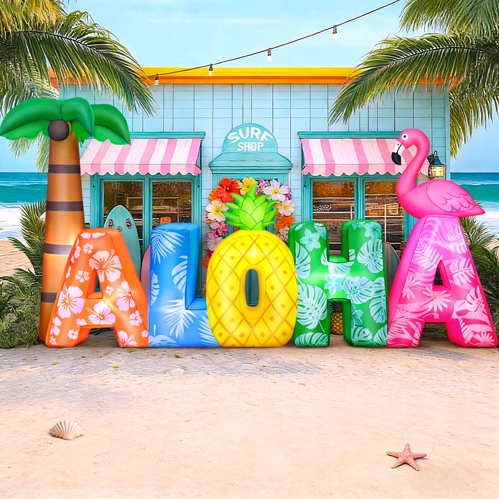 KOOY 8.7FT Long Summer Inflatables Aloha with Flamingo and Pineapple, Built-in LED Blow up Hawaiian Luau Party Decorations, Summer Inflatables Outdoor Decorations for Luau Tiki Bar Beach Pool Patio