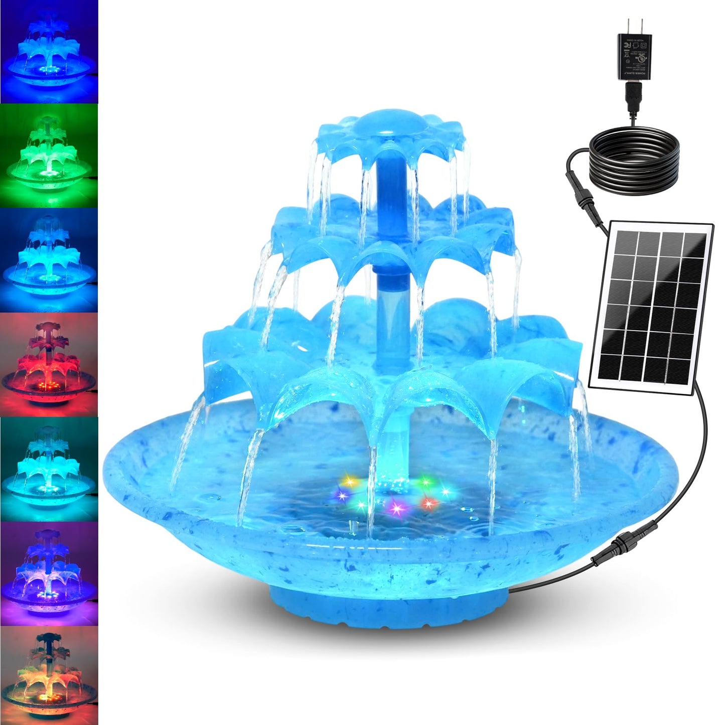 3.5W Solar Fountain Pump for Bird Bath, 3-Tier Blue Solar Water Pump with 8 LED Lights, 32.8FT Power Cord and Adapter Included, Dual-Powered for 24/7 Use for Garden, Pond, Pool, Fish Tank and Lawn
