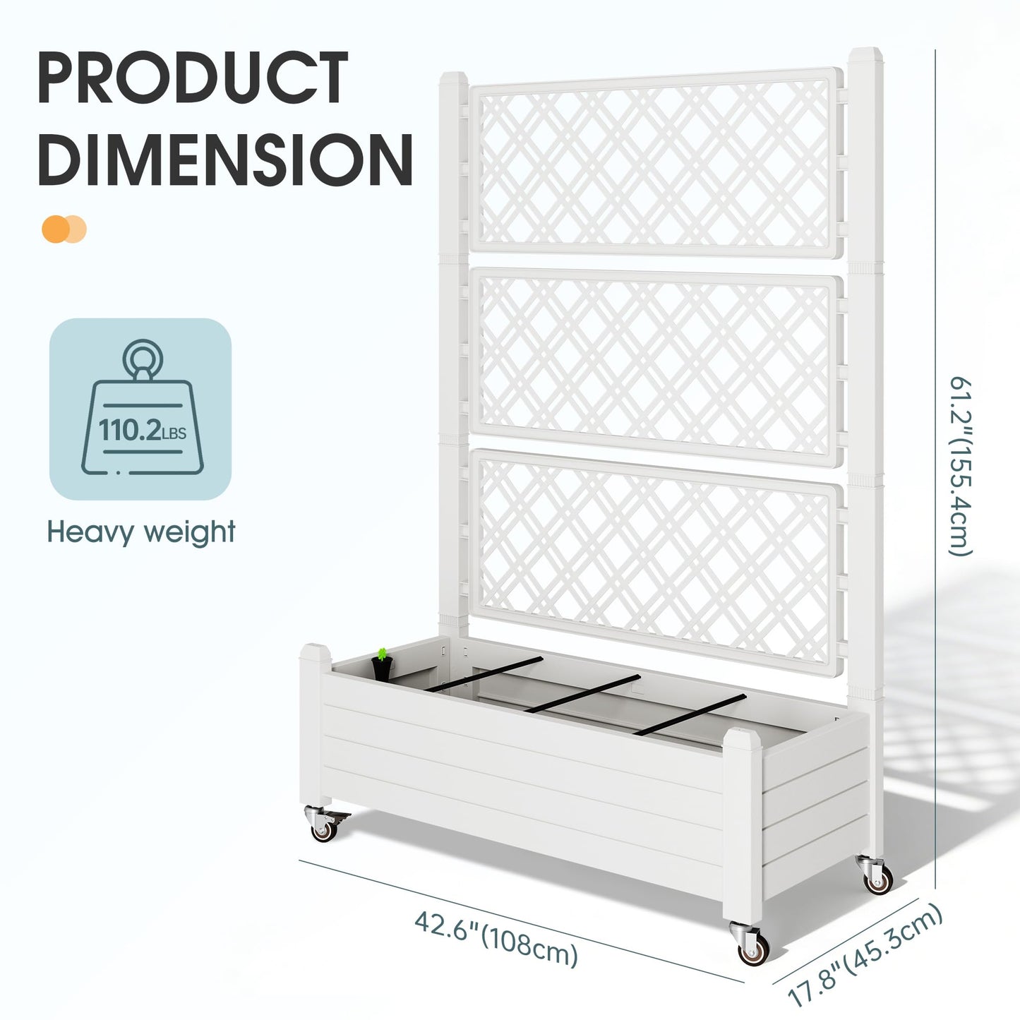 WTFGO Resin Raised Garden Bed with Trellis and Wheels, Planter Box with Trellis Outdoor, Raised Planter with Trellis with Drainage Holes & Water Monitor for Climbing Plants, Ashen(61.2" H)