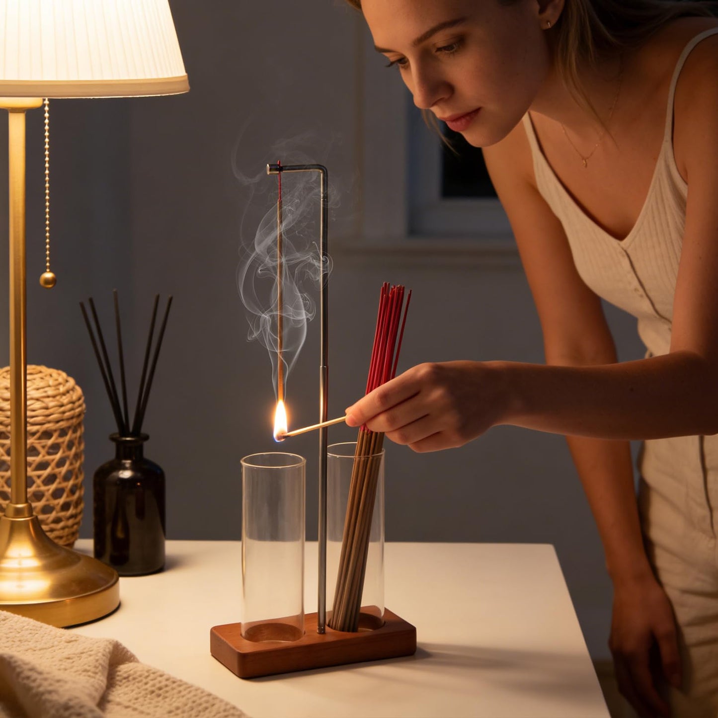 2 in 1 Incense Holder Modern Design– Adjustable Height (8.7"-13.4") with Secure Connection and, Vertical Incense Burner for Sticks & Cones, Glass Ash Catcher for Yoga Meditation Home Office Decor