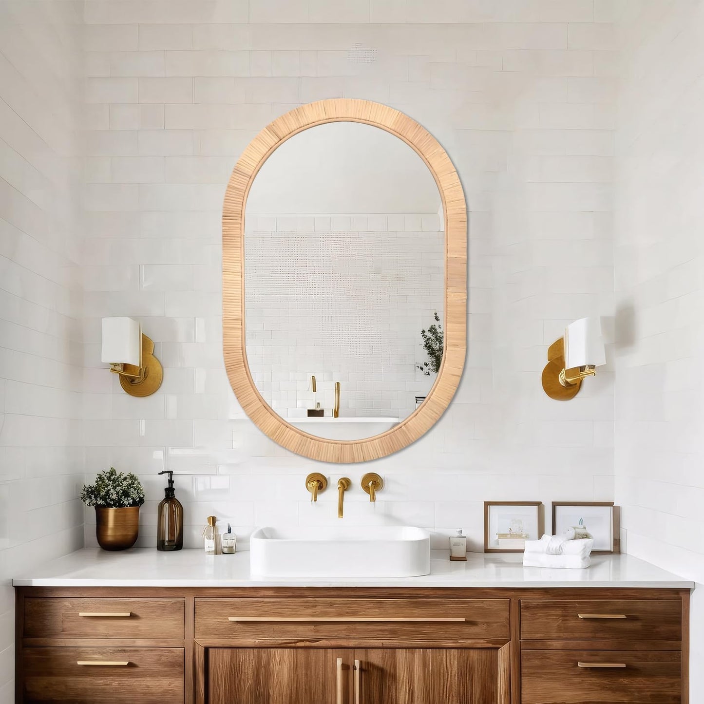 FUIN Handcrafted Rattan Oval Wall Mirror 20x30 – Natural Woven Wicker Frame for Boho Living Room & Entryway – High-Definition Shatter-Resistant Mirror – Vertical or Horizontal Biophilic Home Decor