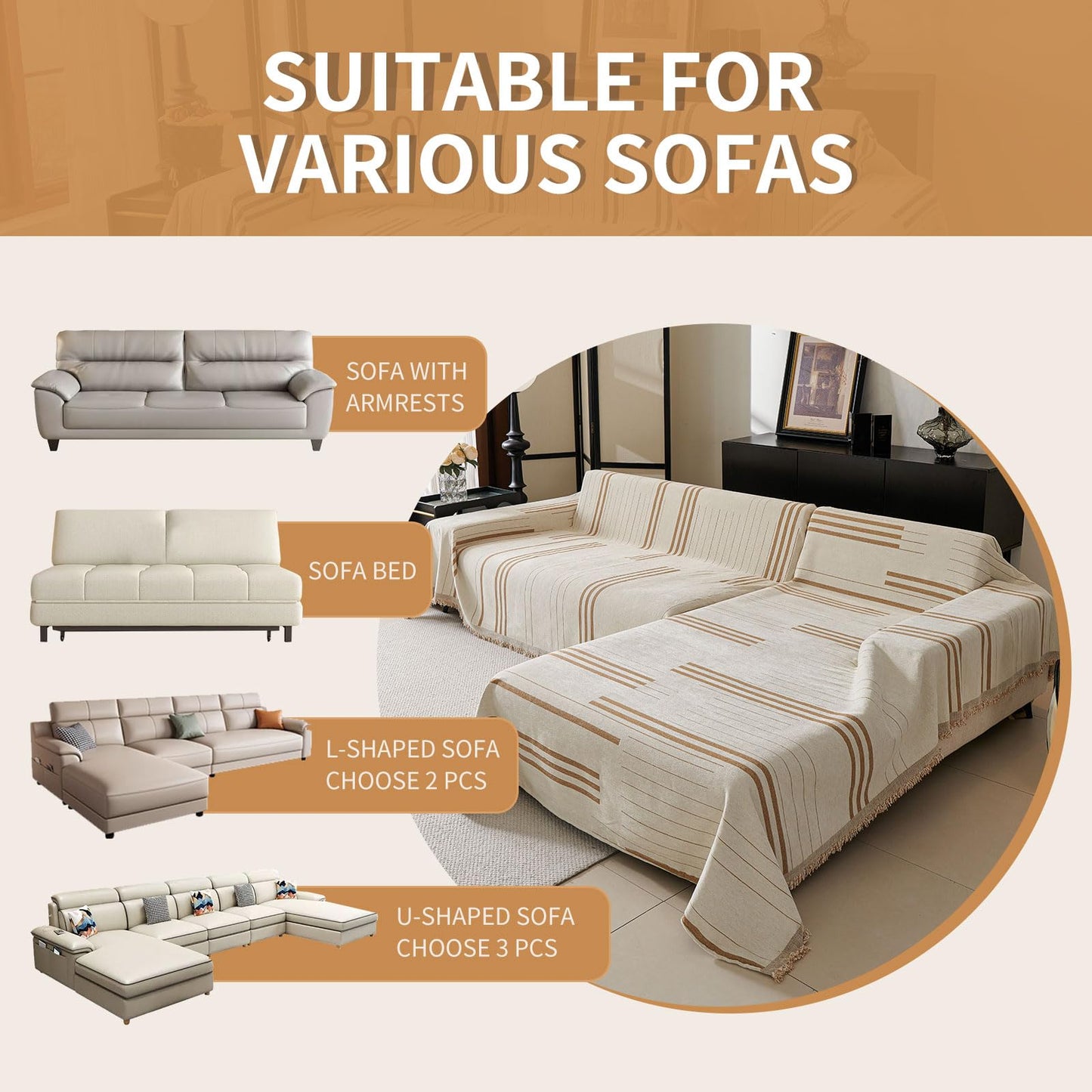 Akpgq Boho Couch Covers for Sofa Washable Sofa Covers for 3 Cushion Couch Soft Non Slip Couch Covers for Sectional Sofa Dog Pet Furniture Protector (Shallow Coffee, 71"*118")