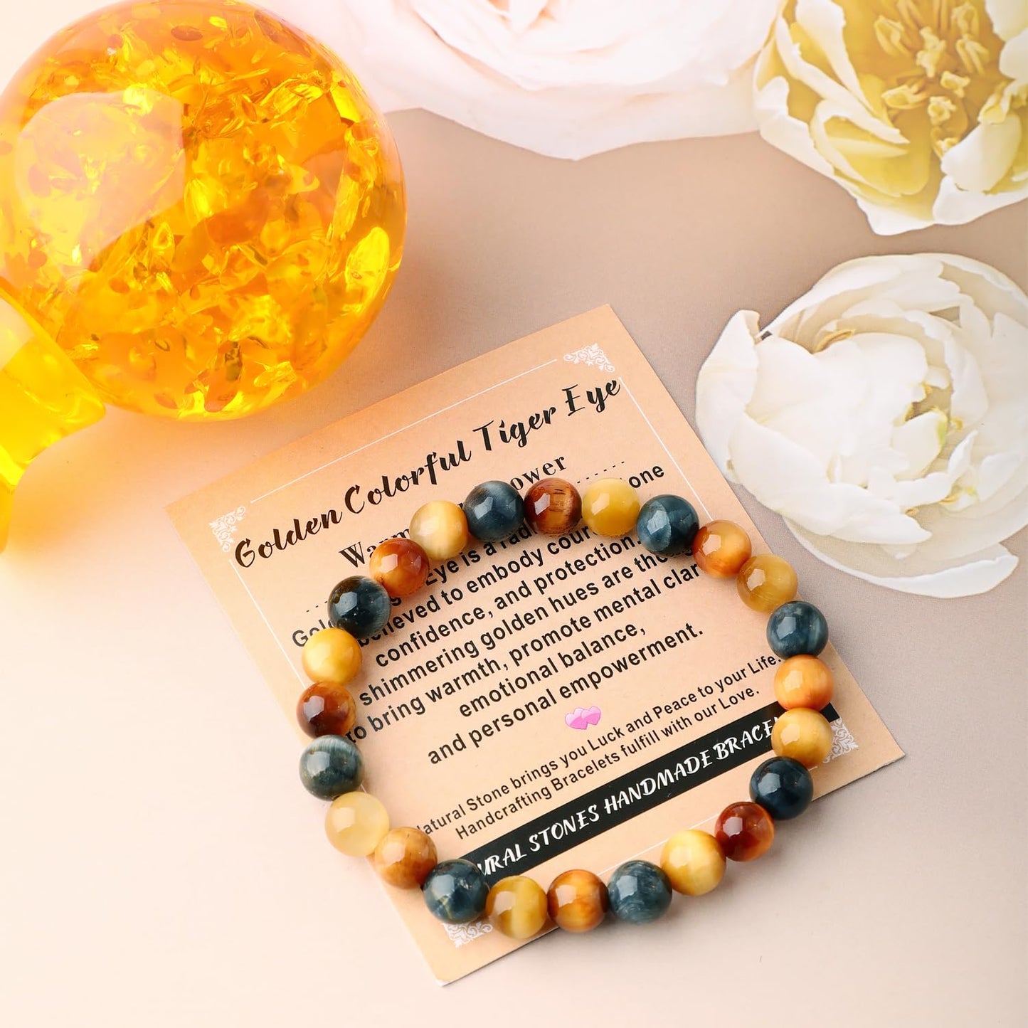 AD Beads 8mm Handmade Golden Colorful Tiger Eye Elastic Bracelet – Natural Gemstone for Warmth and power – Meditation, Yoga, Healing and Energy Gift for Men Women