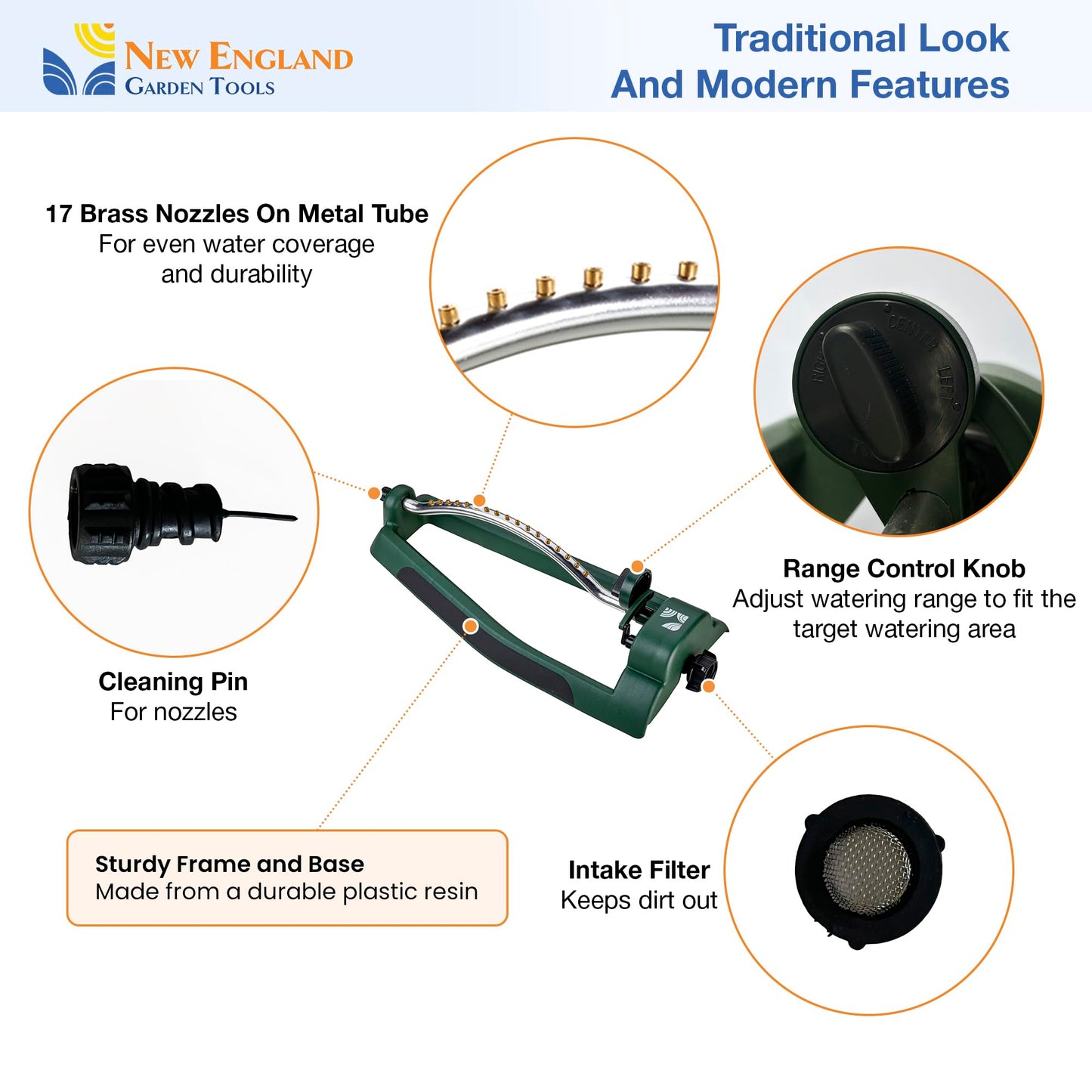 Oscillating Sprinkler 100006, Adjustable Pattern to Cover Up to 2,695 Square Feet, 17 Brass Nozzles on Metal Tube for Even Lawn Watering, by New England Garden Tools